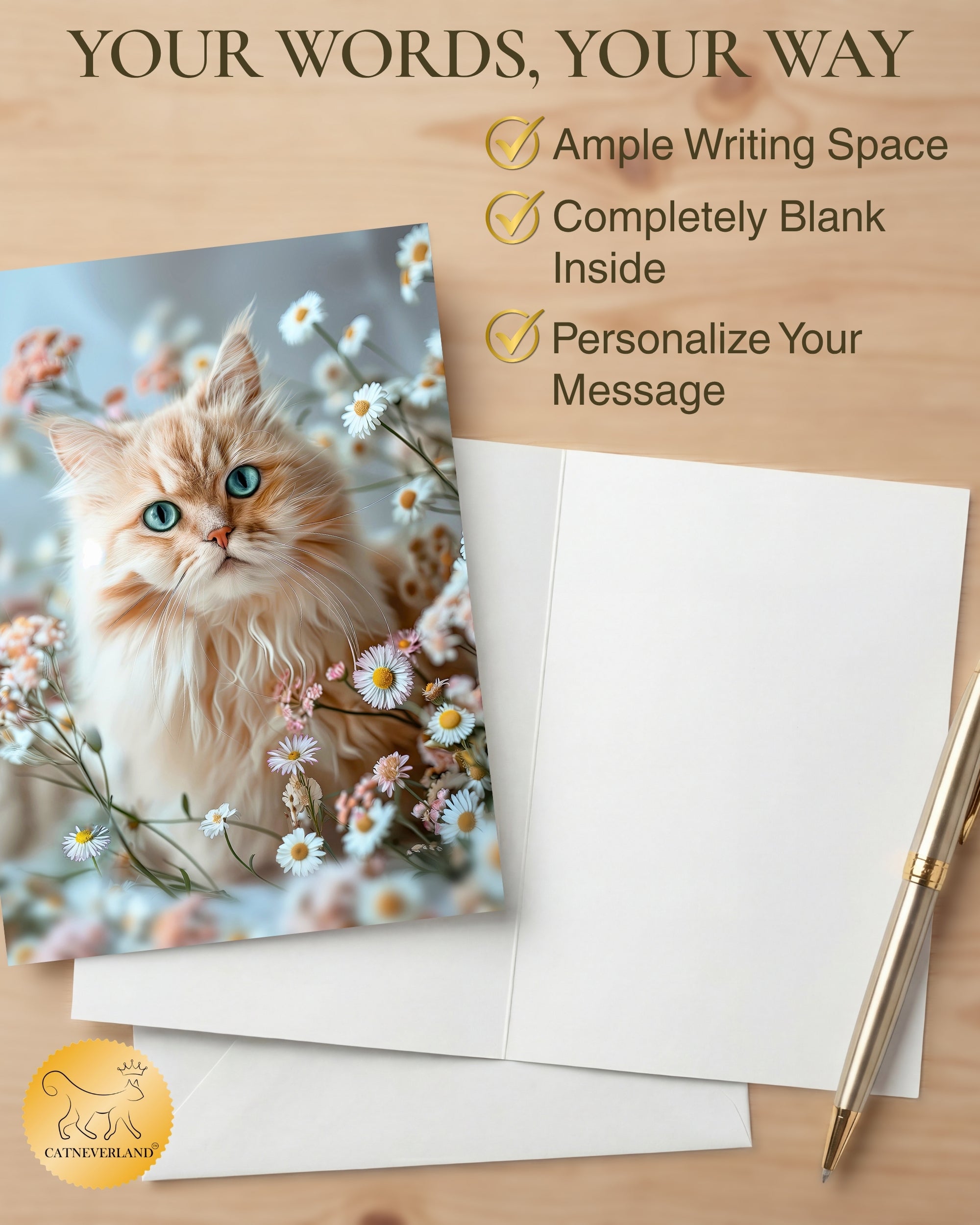 Persian Cat Greeting Card 5x7 Inch Any Occasion from Cats with Flowers Collection Premium Cardstock Blank Inside White Envelope Great Gift for Cat Lovers