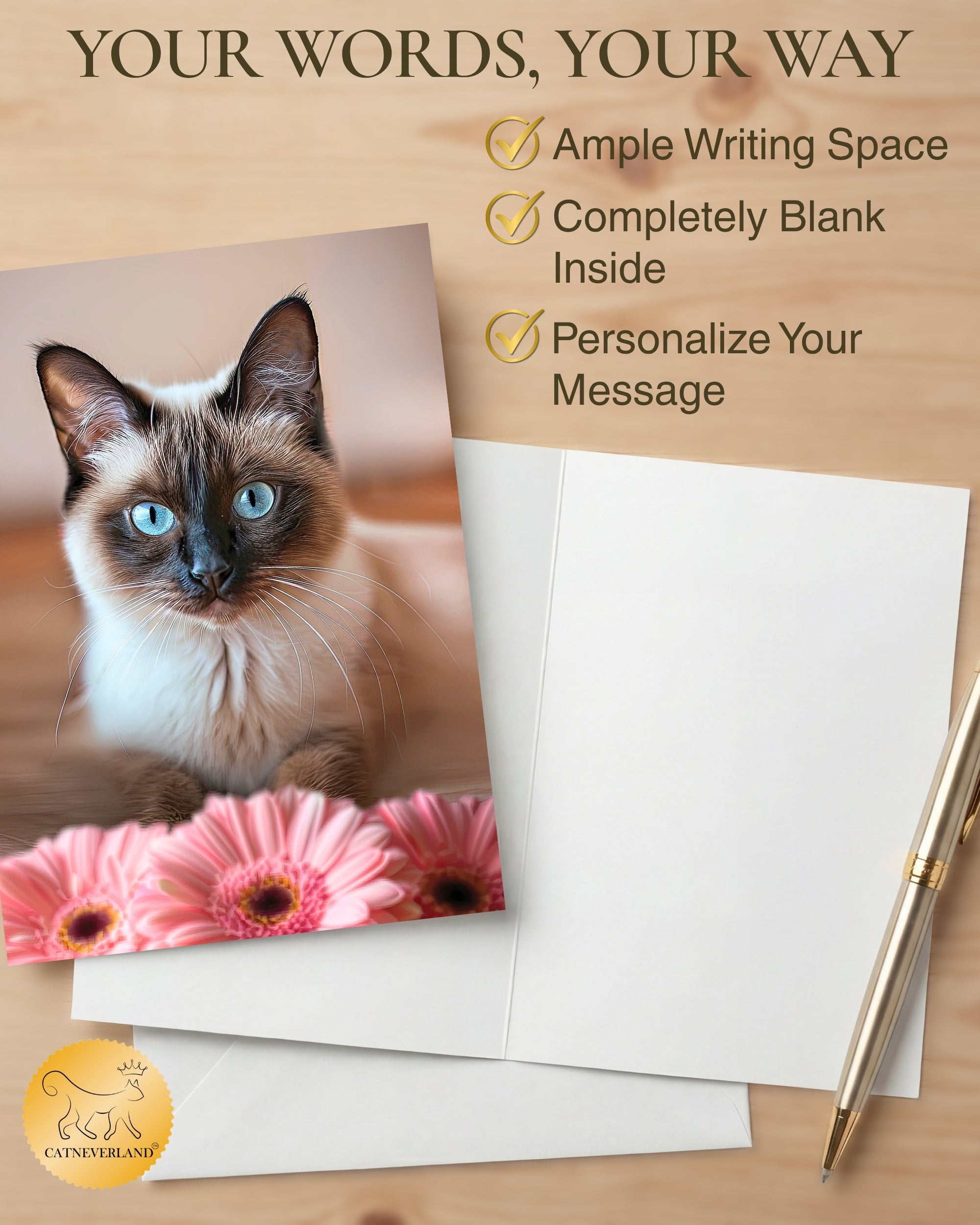 Siamese Cat Greeting Card 5x7 Inch Any Occasion from Cats with Flowers Collection Premium Cardstock Blank Inside White Envelope Great Gift for Cat Lovers