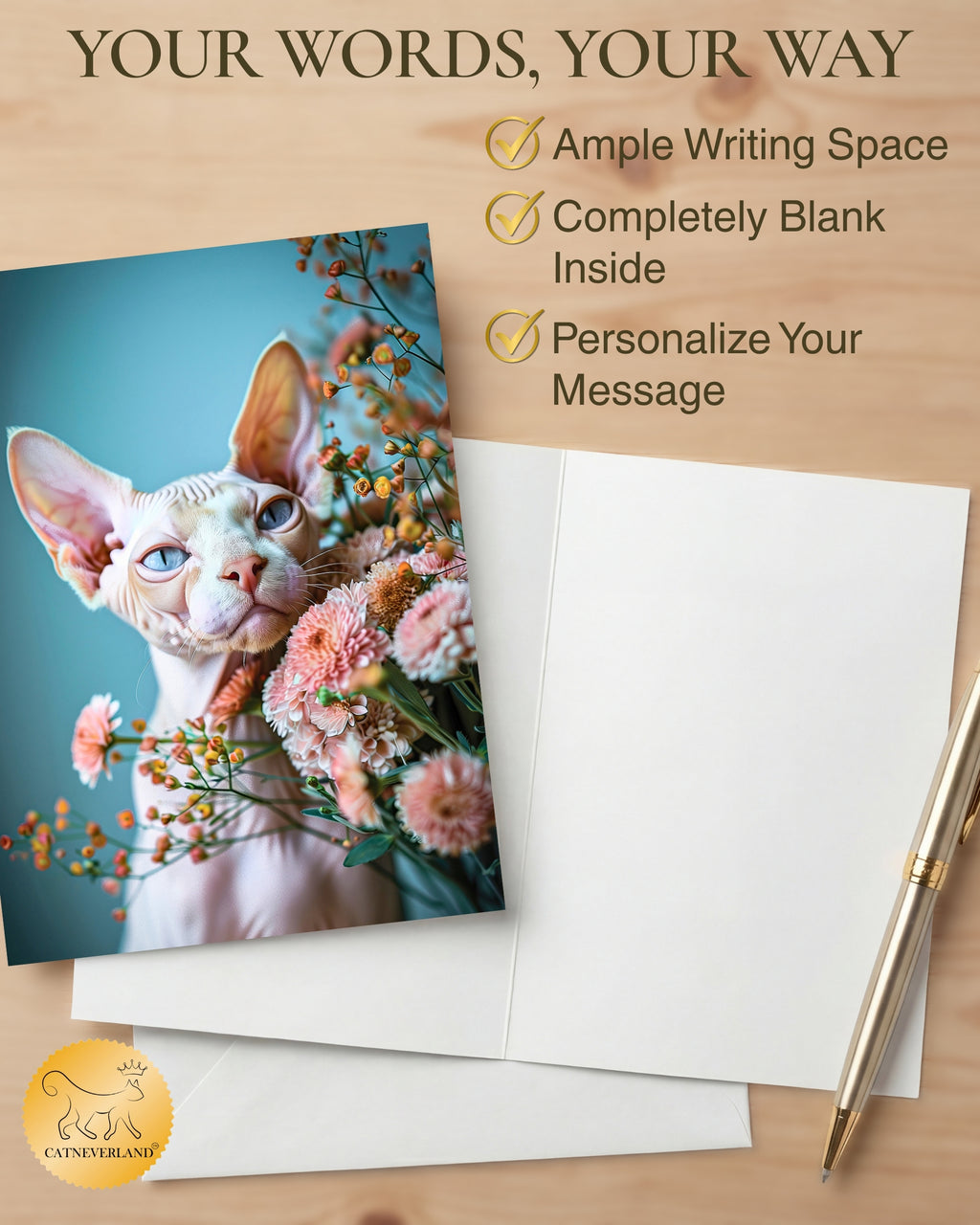 Sphynx Cat Greeting Card - 5x7 Inch Any Occasion from Cats with Flowers Collection Premium Cardstock Blank Inside White Envelope Great Gift for Cat Lovers
