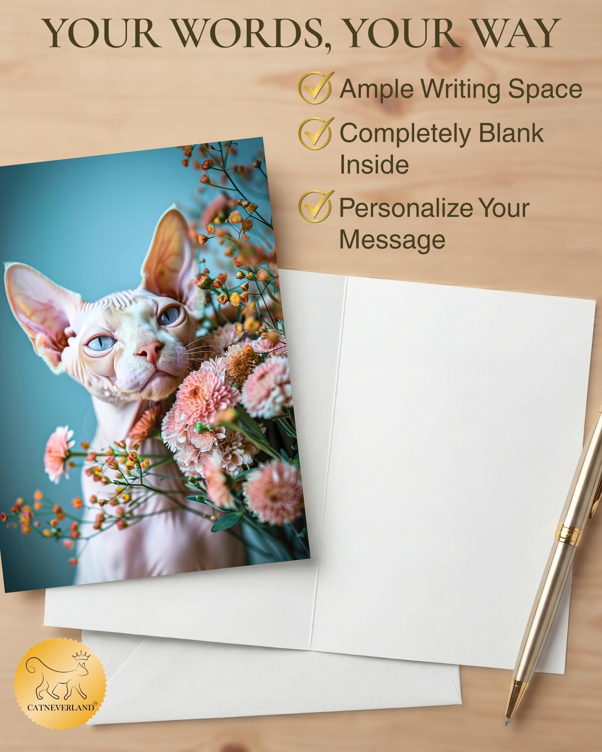 Sphynx Cat Greeting Card - 5x7 Inch Any Occasion from Cats with Flowers Collection Premium Cardstock Blank Inside White Envelope Great Gift for Cat Lovers