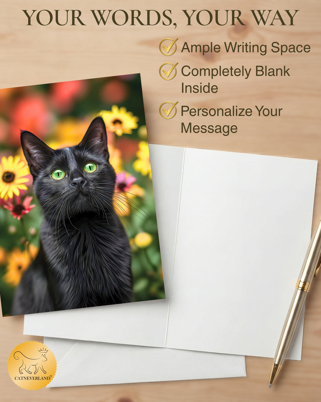 Bombay Cat Greeting Card 5x7 Inch Any Occasion from Cats with Flowers Collection Premium Cardstock Blank Inside White Envelope Included Great Gift for Cat Lovers