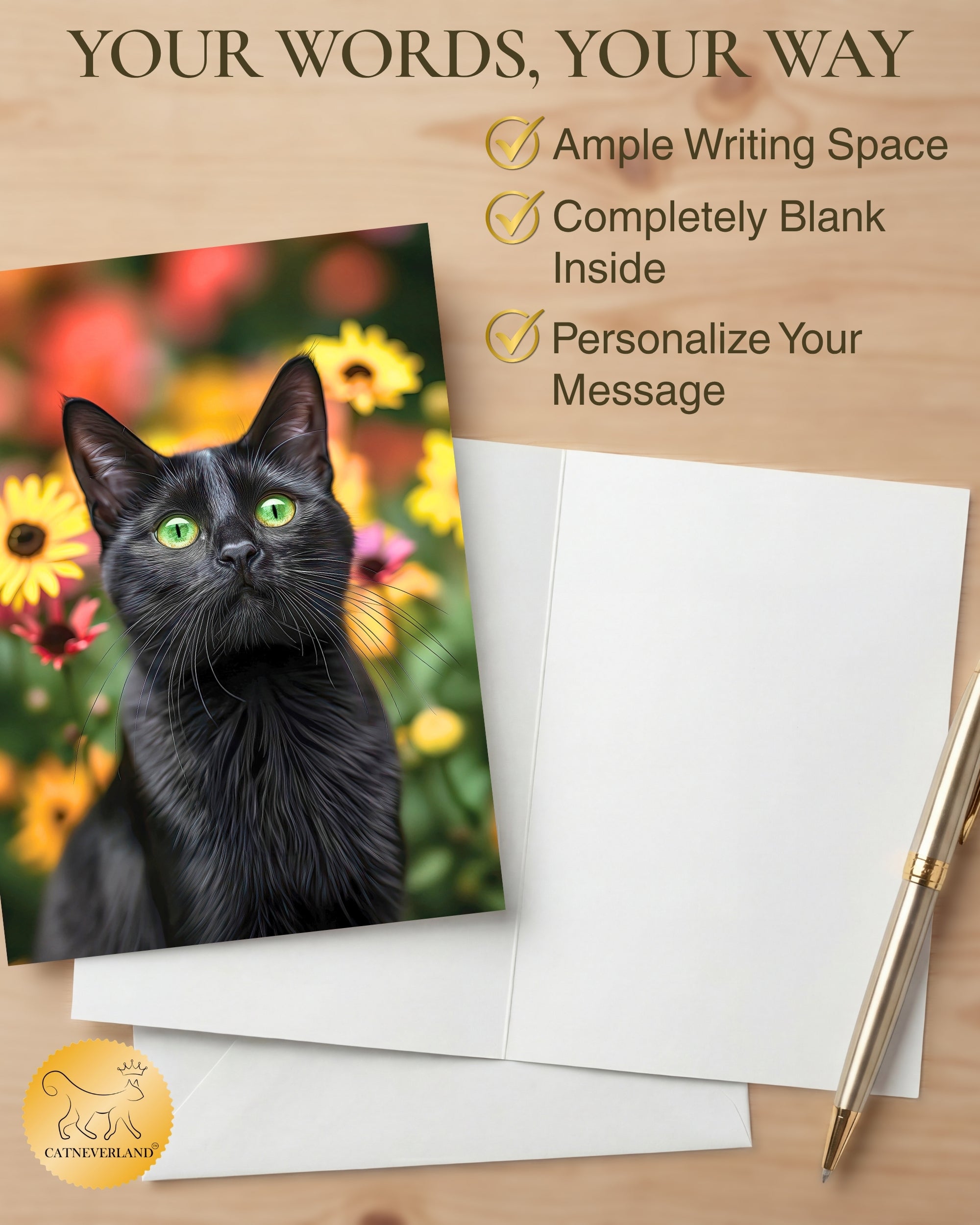 Bombay Cat Greeting Card 5x7 Inch Any Occasion from Cats with Flowers Collection Premium Cardstock Blank Inside White Envelope Included Great Gift for Cat Lovers