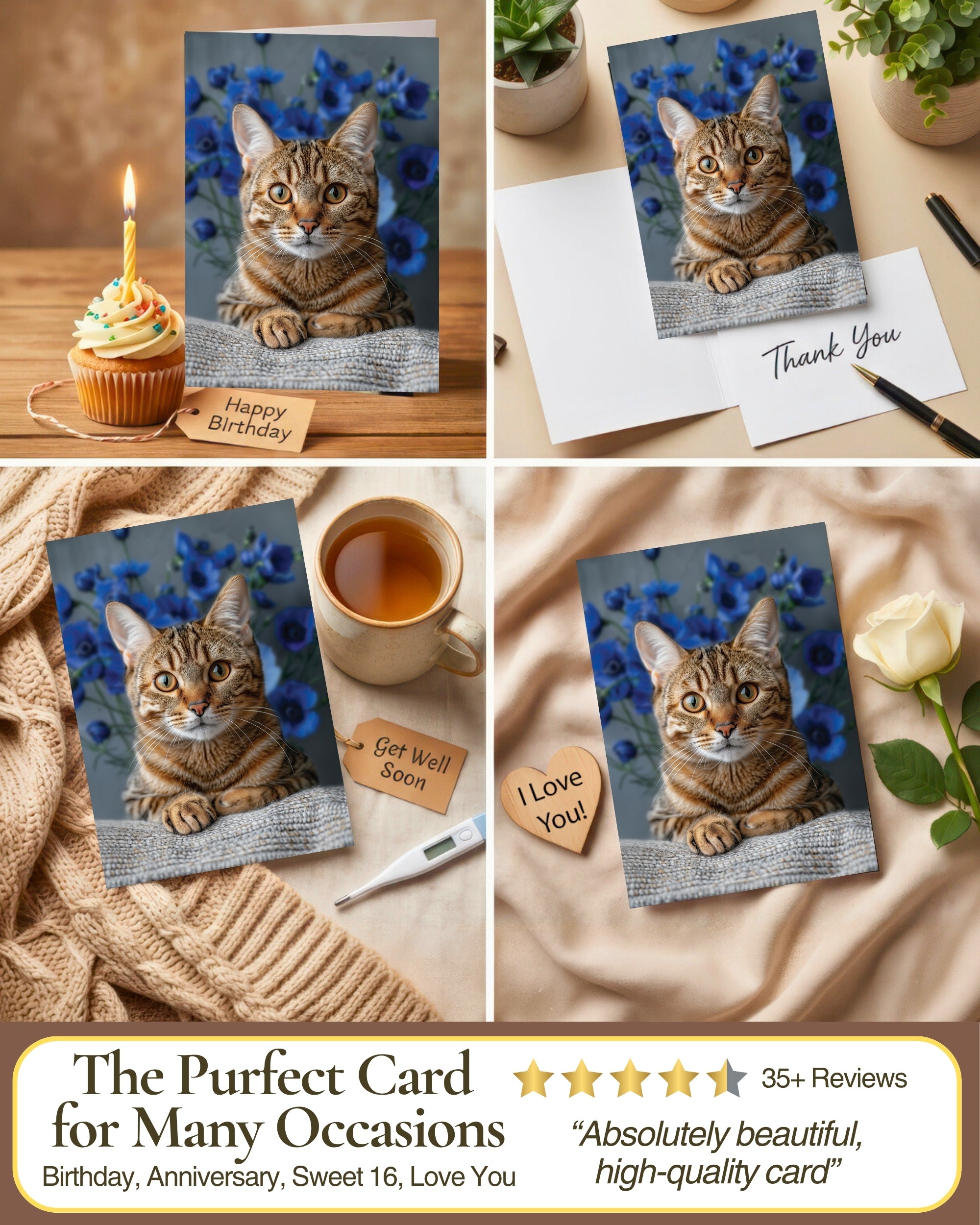Bengal Cat Greeting Card 5x7 Inch Any Occasion from Cats with Flowers Collection Premium Cardstock Blank Inside White Envelope Great Gift for Cat Lovers