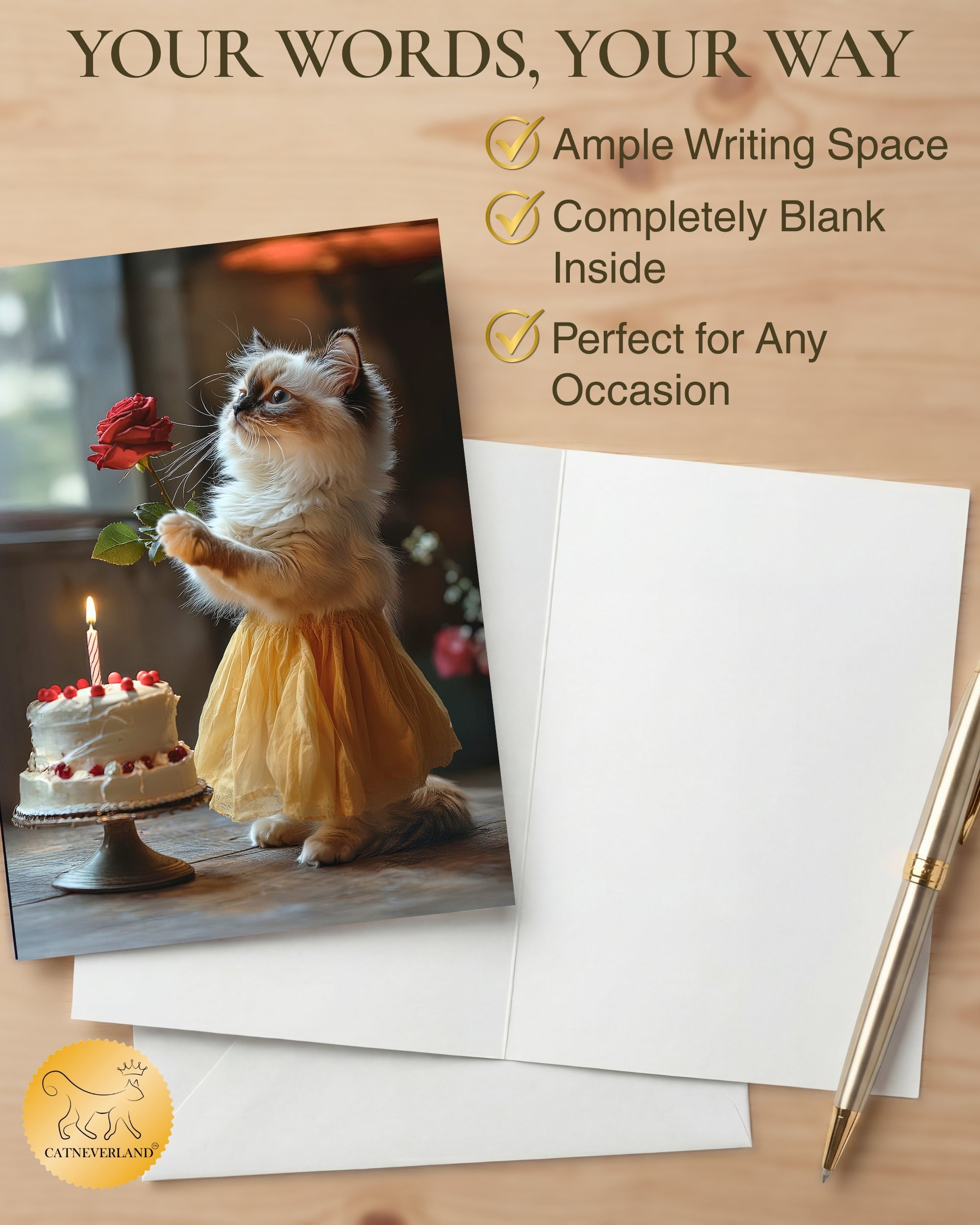 Happy Birthday Ragdoll Kitten Greeting Card Cute Cat in Dress with Cake and Rose – Blank Inside 5x7 Premium Card with Envelope – Made in USA by Pet-Friendly Business