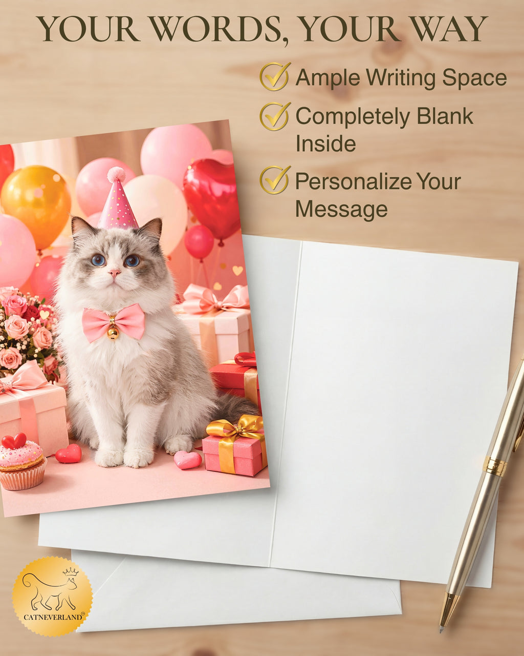 Ragdoll Cat Greeting Card with Roses – Romantic Cat Love Card for Valentine’s Day Anniversary Birthday Sweet Sixteen – Premium 5x7 Blank Card for Pet Lovers