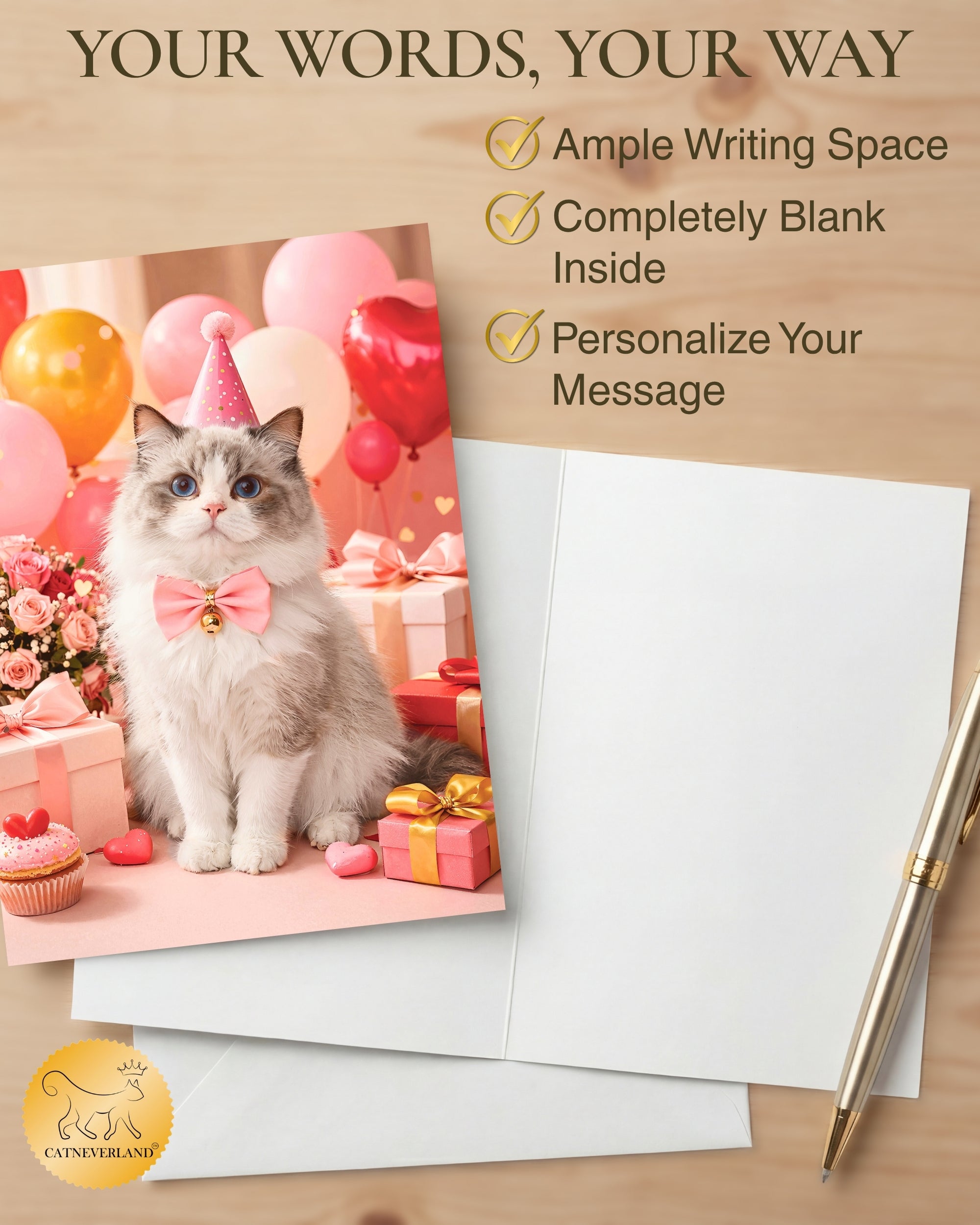 Ragdoll Cat Greeting Card with Roses – Romantic Cat Love Card for Valentine’s Day Anniversary Birthday Sweet Sixteen – Premium 5x7 Blank Card for Pet Lovers