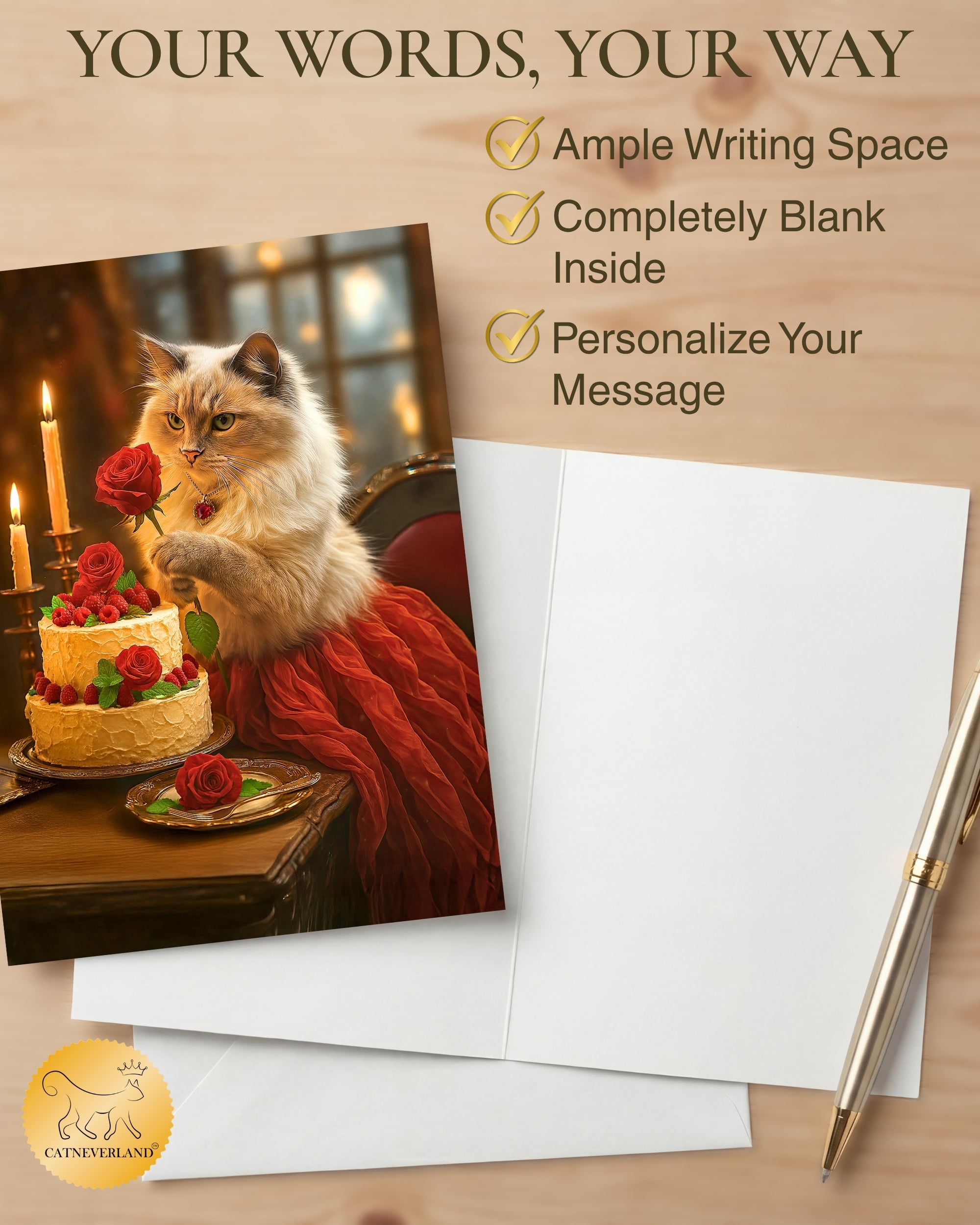 Ragdoll Cat with Cake and Red Rose Greeting Card – Blank Inside – Valentine’s Day, Birthday, Anniversary, or Thinking of You Card – Red Rose Collection by CatNeverland – 5x7 in, White Envelope, Made in USA