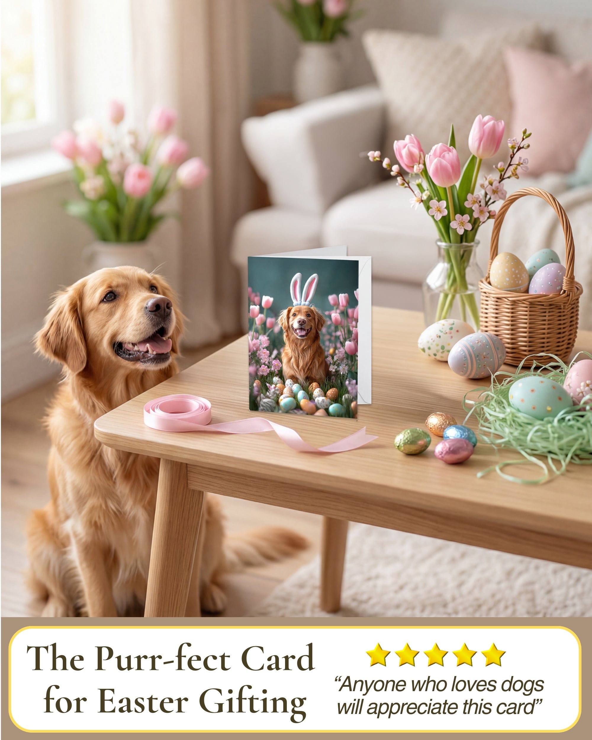 Golden Retriever Easter Greeting Card – Dog with Bunny Ears Surrounded by Easter Eggs and Spring Flowers Premium 5x7” Card with White Envelope Blank Inside Made in USA