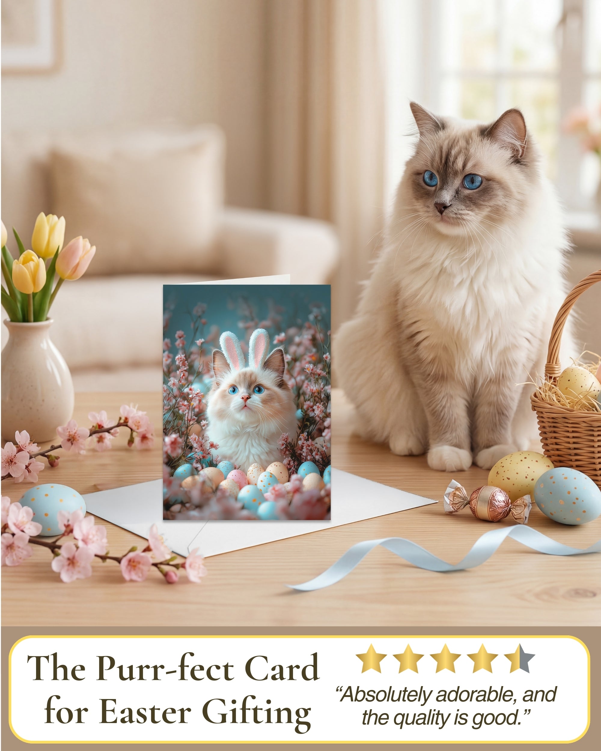Ragdoll Cat Easter Greeting Card – Cute Cat with Bunny Ears Surrounded by Easter Eggs and Spring Flowers Premium 5x7” Card with White Envelope Blank Inside Made in USA