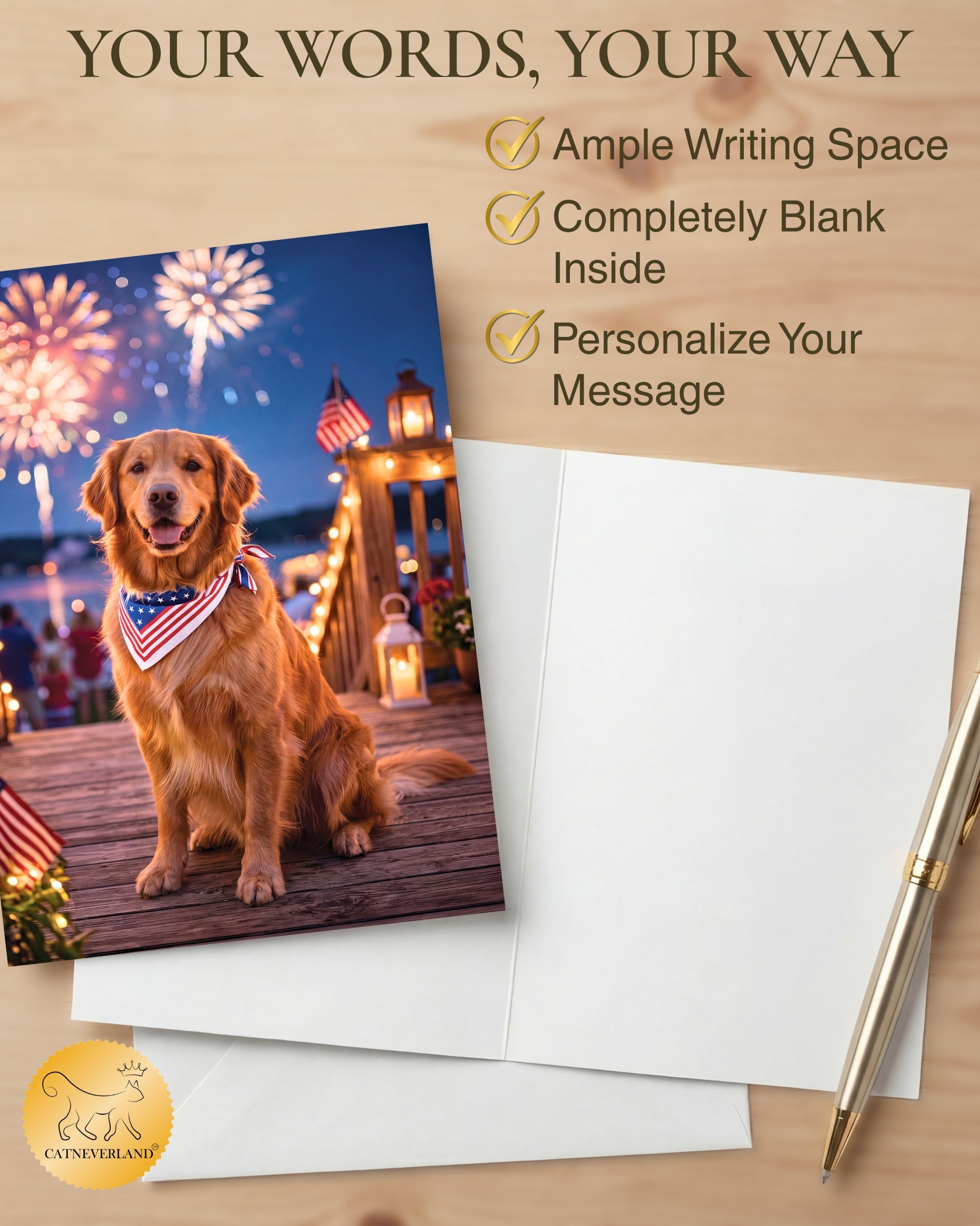 Golden Retriever 4th of July Greeting Card – Patriotic Dog Card with Fireworks – Premium 5x7 Independence Day Card with White Envelope – Blank Inside – Made in USA