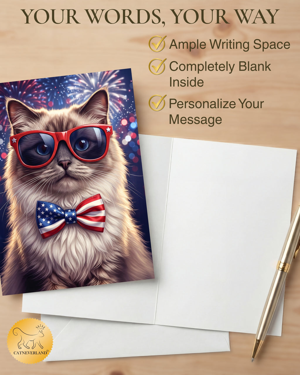 Ragdoll Cat 4th of July Greeting Card – Patriotic Cat with American Flag Bow Tie & Sunglasses – Premium 5x7 Independence Day Card with White Envelope – Blank Inside – Made in USA