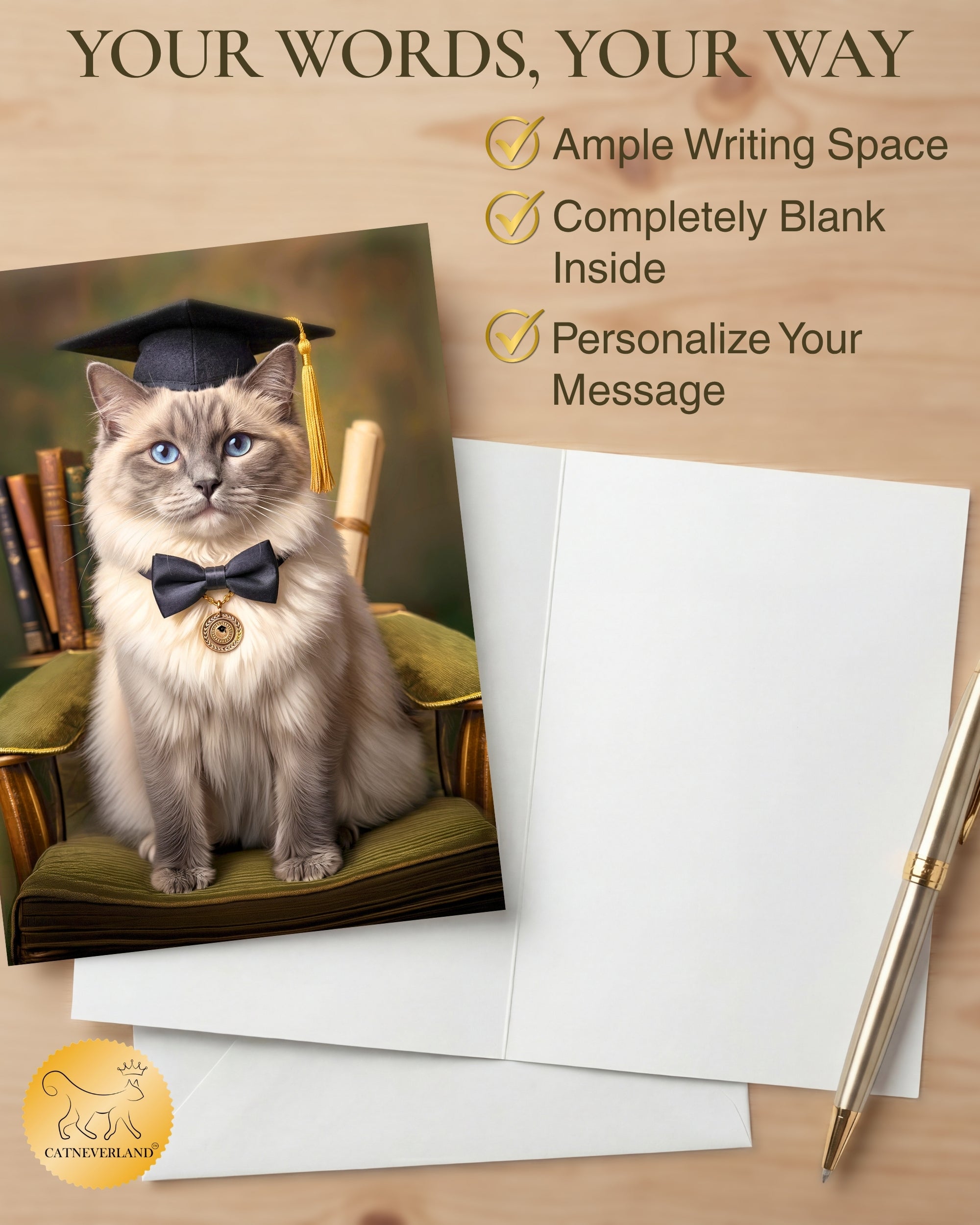Ragdoll Cat Graduation Greeting Card 5x7” – Cute Cat in Cap & Bow Tie Congrats Card for Graduate – High School College Graduation Card with Envelope Blank Inside Made in USA