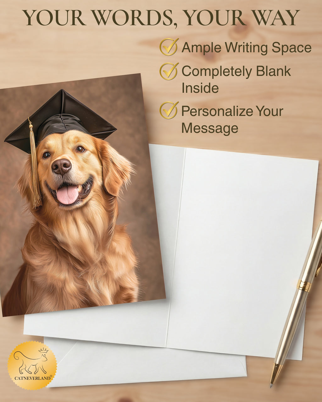 Golden Retriever Graduation Card – 5x7 Dog Greeting Card with White Envelope – Blank Inside – Pet Lover Gift – Made in USA – Frameable Keepsake