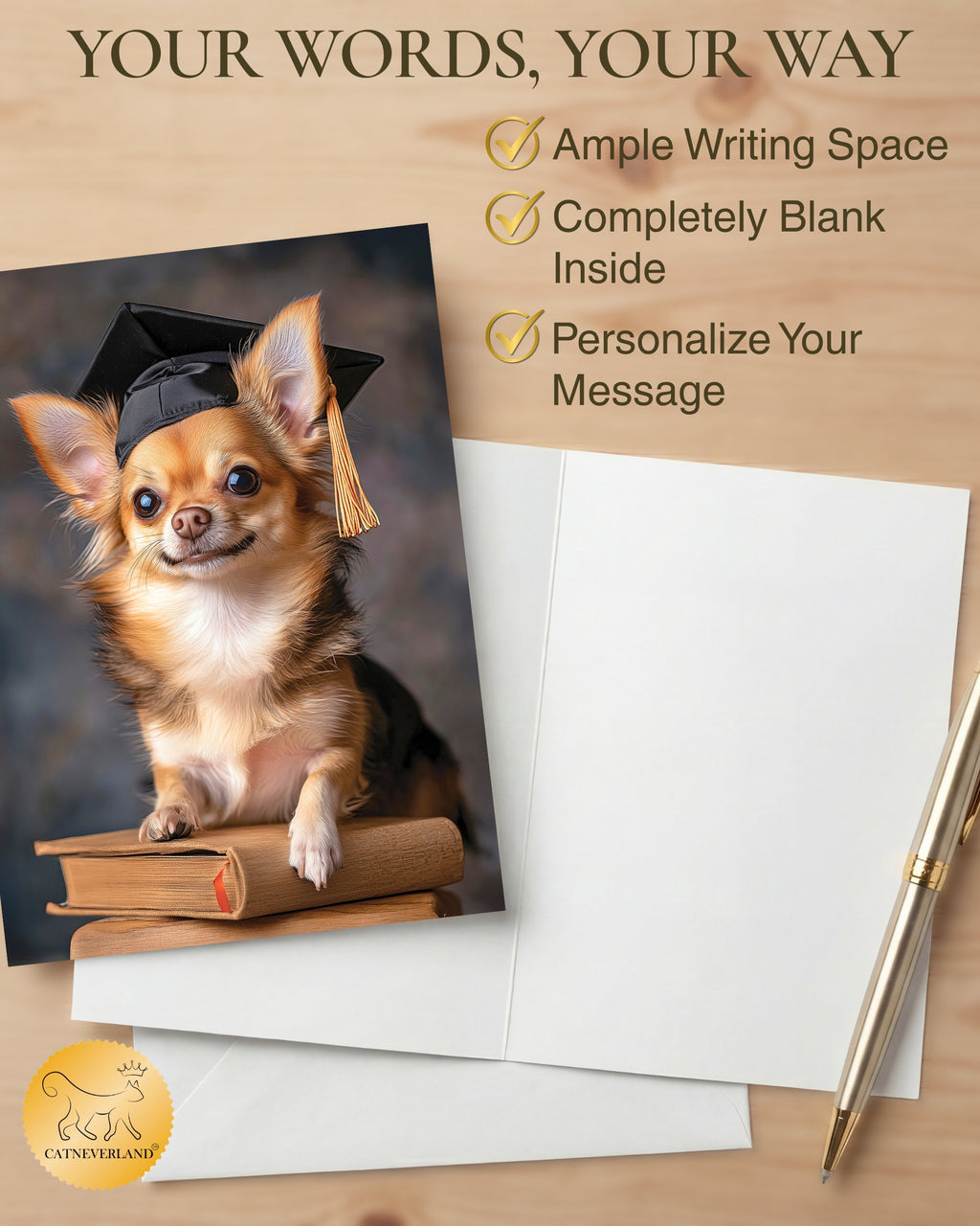 Chihuahua Graduation Card – 5x7 Dog Greeting Card with White Envelope – Blank Inside – Funny Pet Lover Gift – Made in USA – Frameable Keepsake