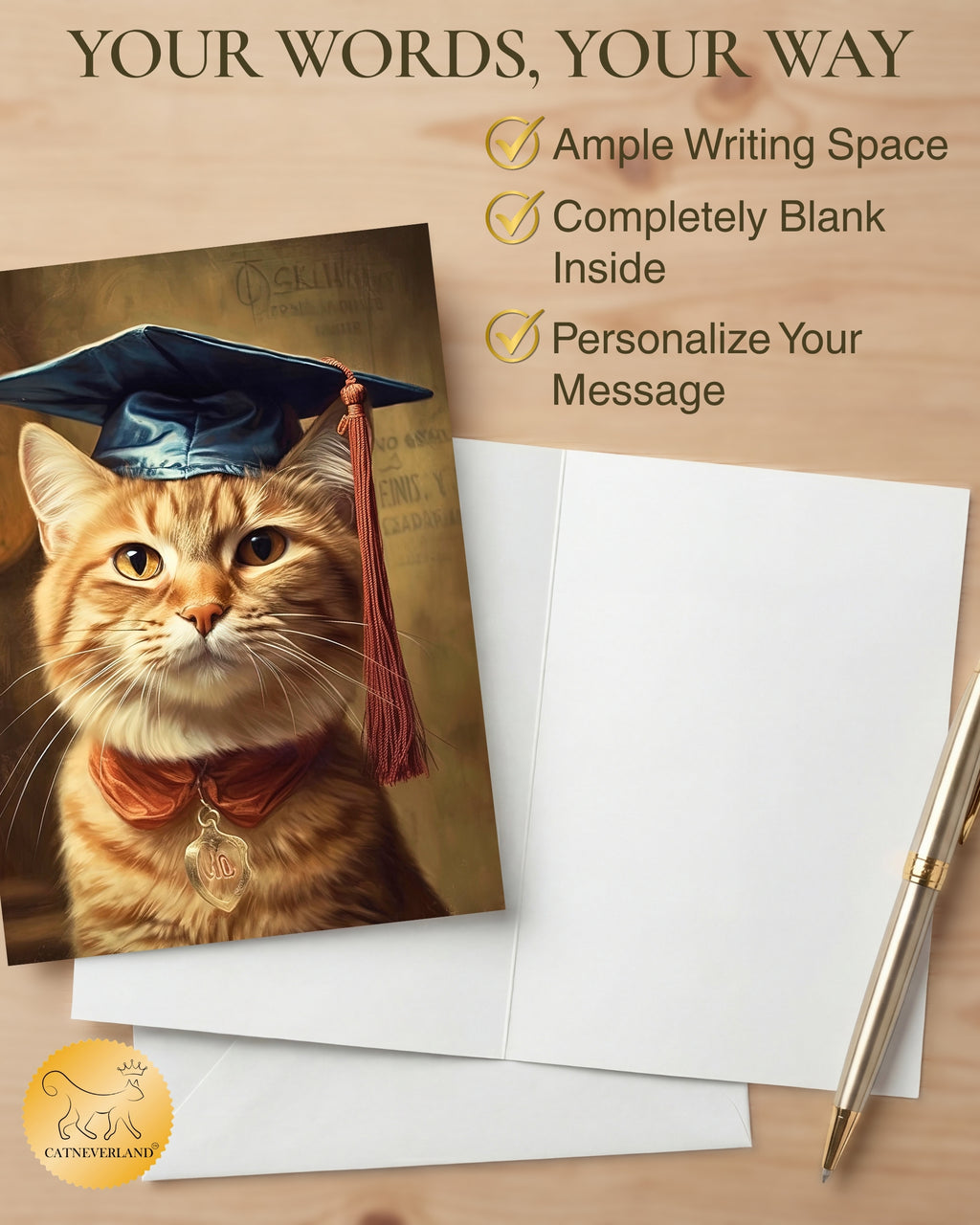 Ginger Cat Graduation Greeting Card from Unique Pets Party Delights Collection Large 5x7 Inch Blank Inside with Envelope made in USA