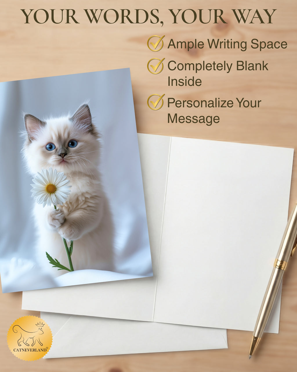Ragdoll Kitten with Daisy Greeting Card Cute Blue-Eyed Cat Blank Card for Pet Lovers, Premium 5x7 Stationery with Envelope – Made in USA by Pet-Friendly Business