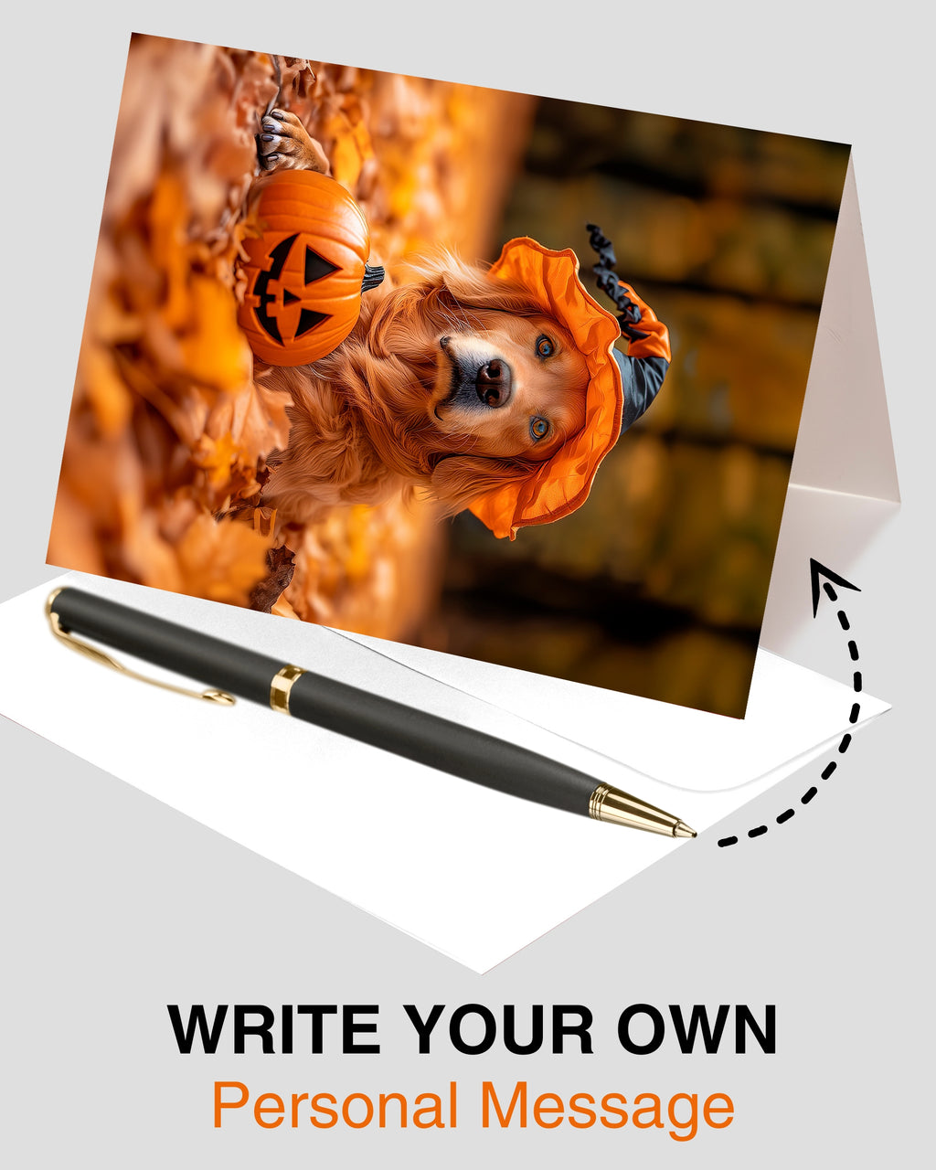 Golden Retriever Happy Halloween Greeting Card – Cute Dog in Costume with Pumpkin – Premium 5x7 Card with White Envelope – Pet Lovers Holiday Card – Made in USA