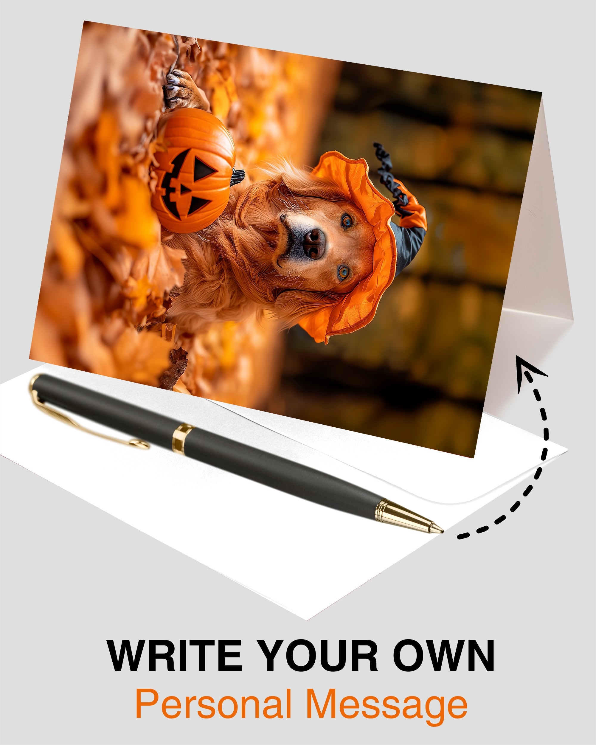 Golden Retriever Happy Halloween Greeting Card – Cute Dog in Costume with Pumpkin – Premium 5x7 Card with White Envelope – Pet Lovers Holiday Card – Made in USA