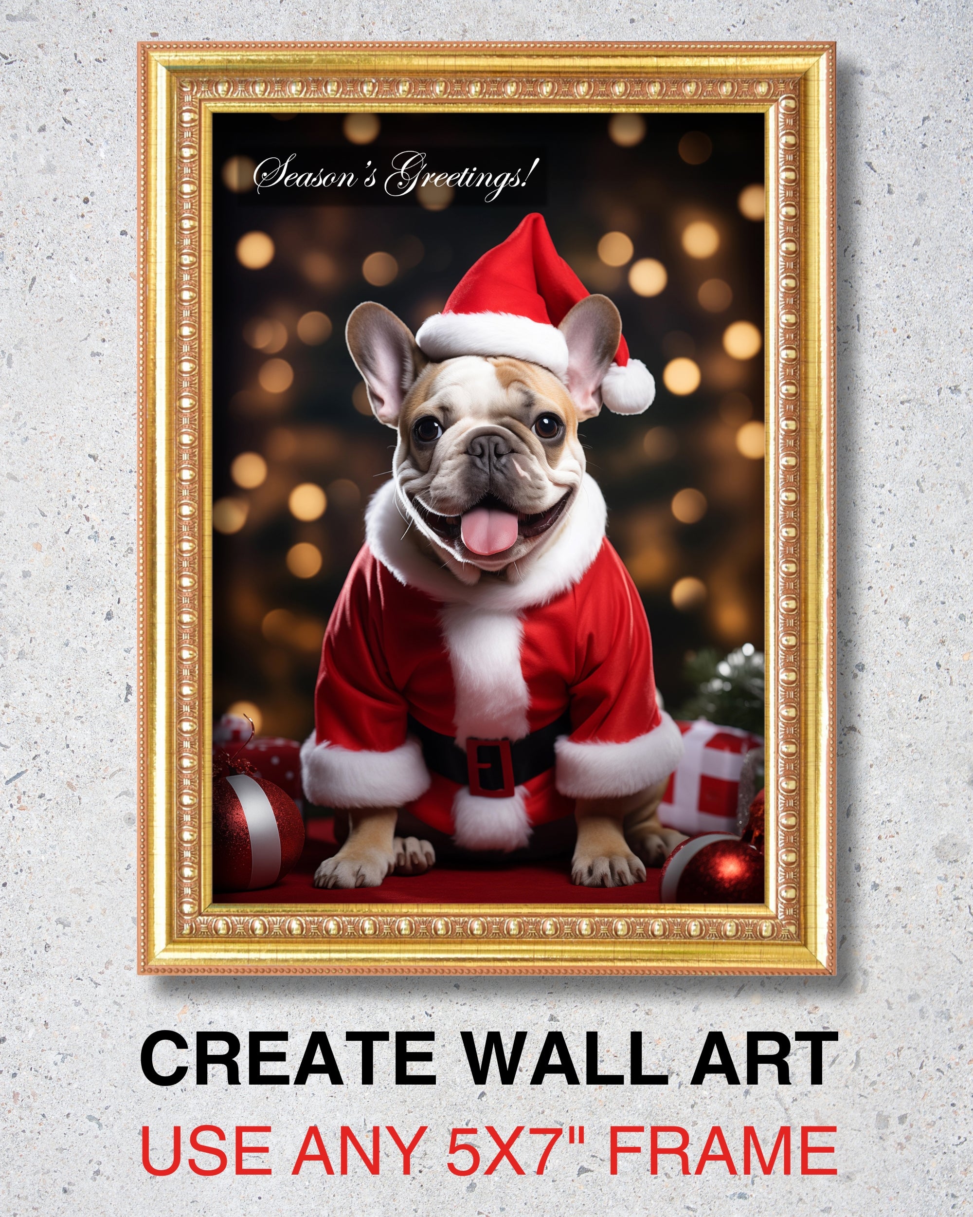 Festive French Bulldog Seasons Greetings Holiday Card - Unique Artwork from Dogs for Christmas Collection, Blank Inside, Premium Cardstock, Red Envelope, Made by Pet-Friendly Small Business in USA