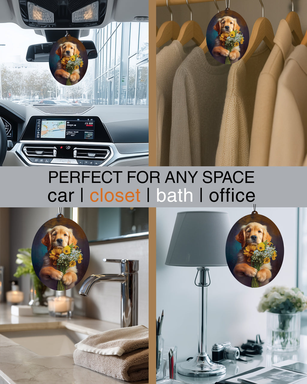 Golden Retriever - Dog Car Air Freshener - Cute Hanging Dog With Flowers Decor Black Ice Scent, Infusible with Your Own Scent, Pet Safe, Non-Toxic, Freshener for Car, Closet, Office Size - 3x4"