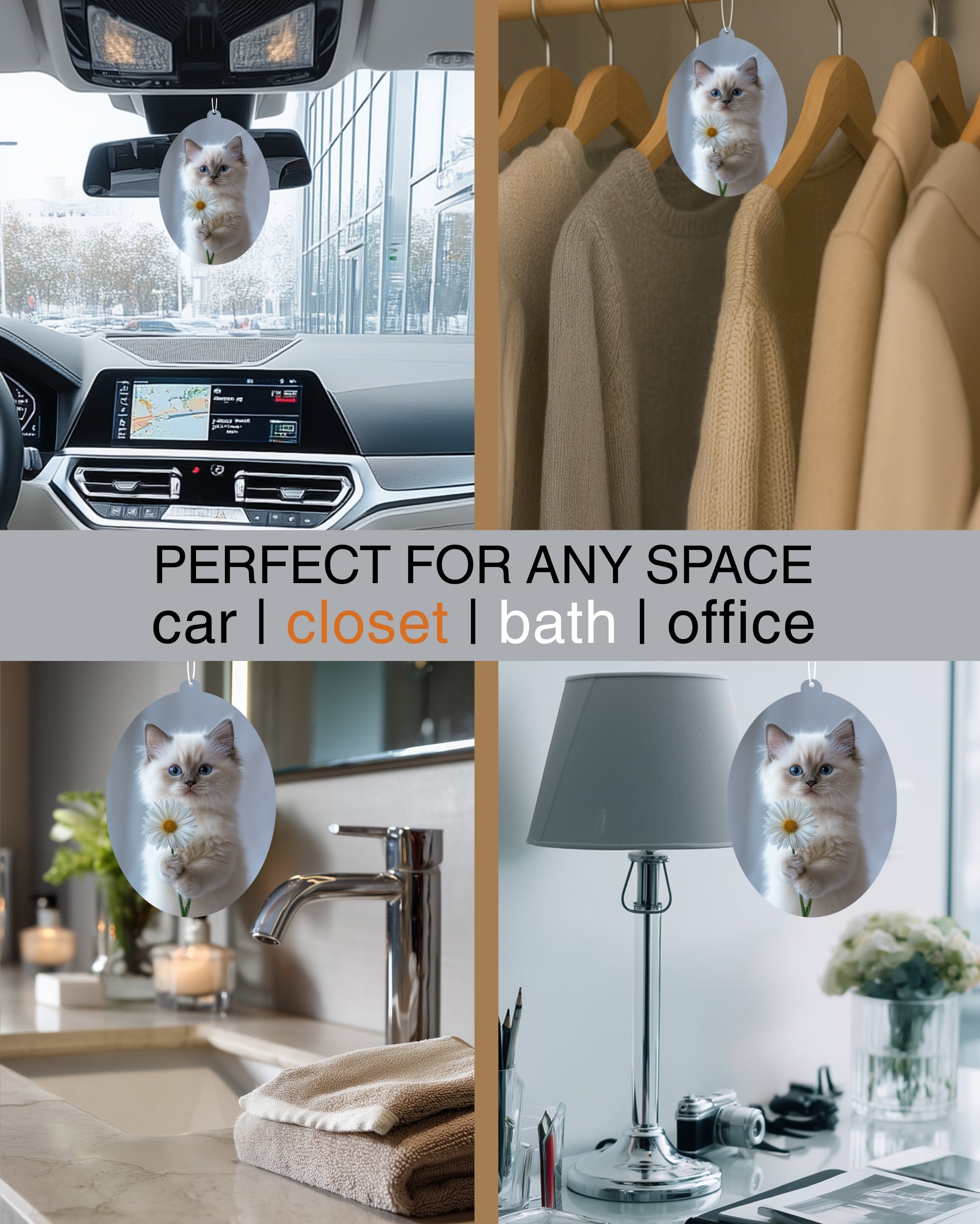 Ragdoll Kitten - Cat Car Air Freshener - Cute Hanging Daisy Cat Decor Black Ice Scent, Infusible with Your Own Scent, Pet Safe, Non-Toxic, Freshener for Car, Closet, Office Size - 3x4"