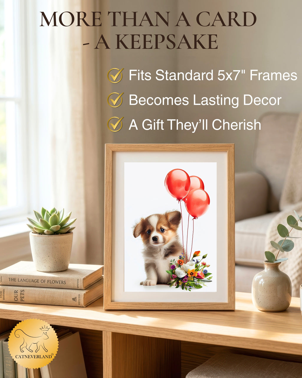 Puppy with Red Balloons and Flowers All Occasions Greeting Card from Unique Dogs Party Delights Collection Large 5x7 Inch Blank Inside with Envelope
