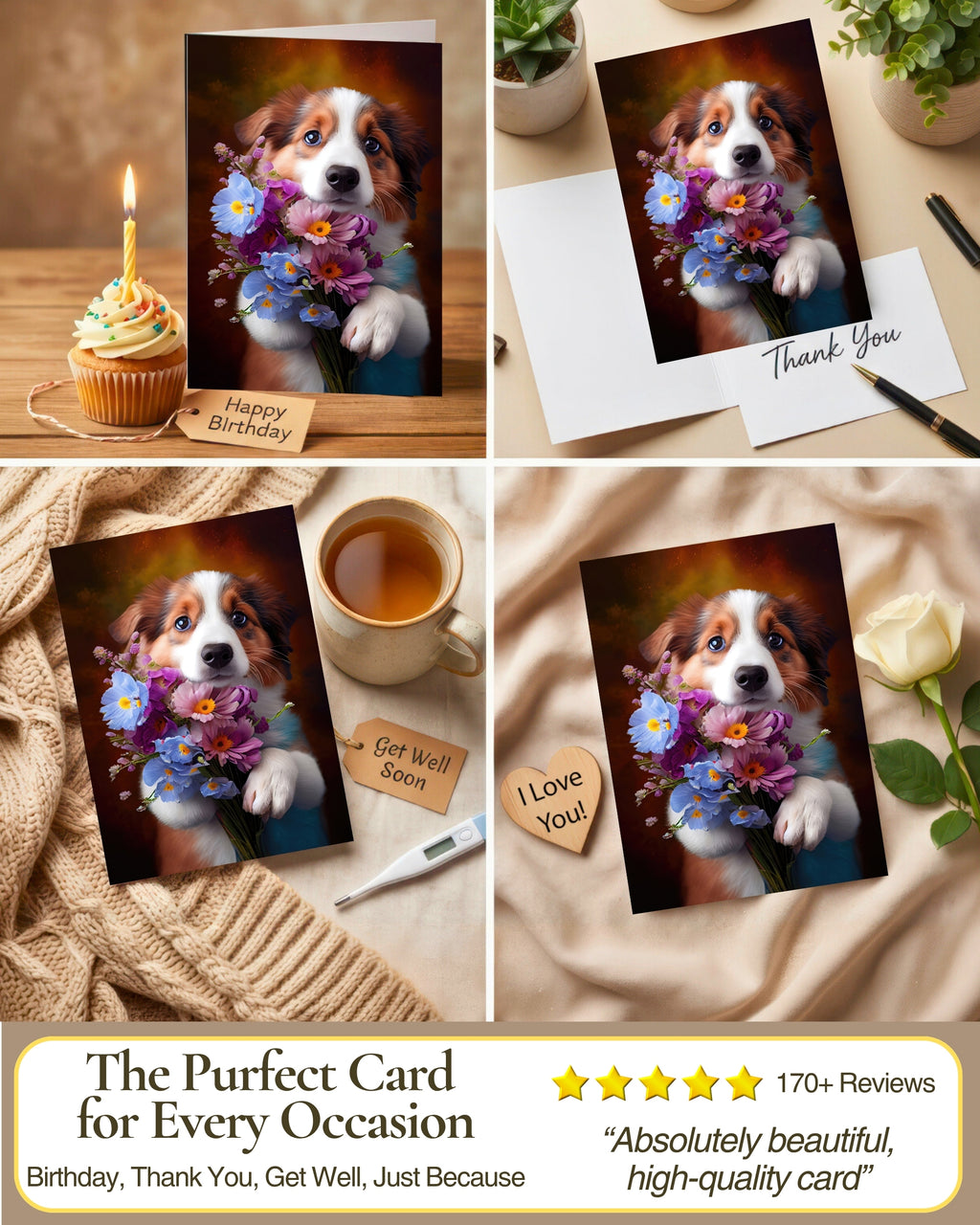 Australian Shepherd with Flowers All Occasions Greeting Card from Unique Dogs Party Delights Collection Large 5x7 Inch Blank Inside with White Envelope