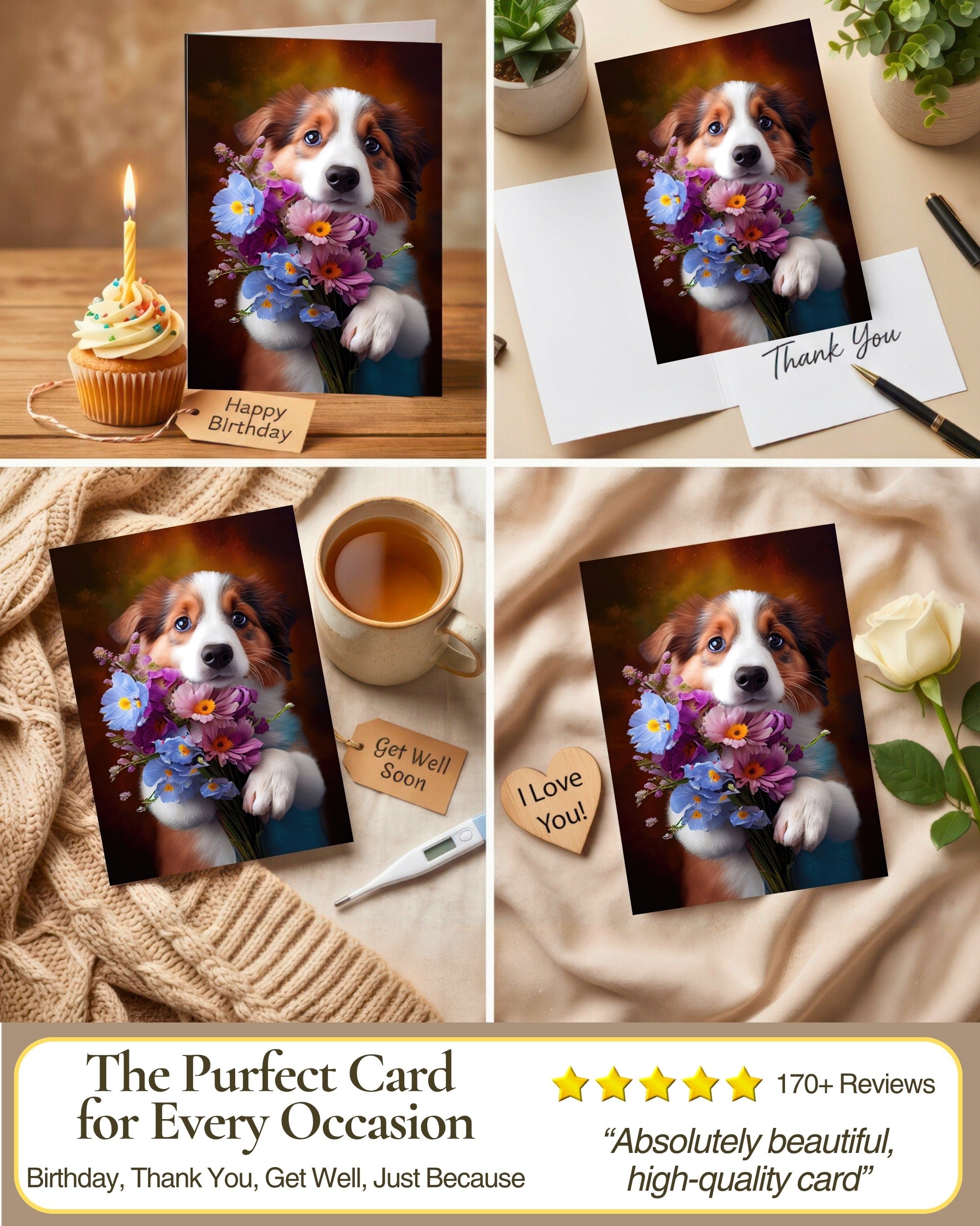 Australian Shepherd with Flowers All Occasions Greeting Card from Unique Dogs Party Delights Collection Large 5x7 Inch Blank Inside with White Envelope