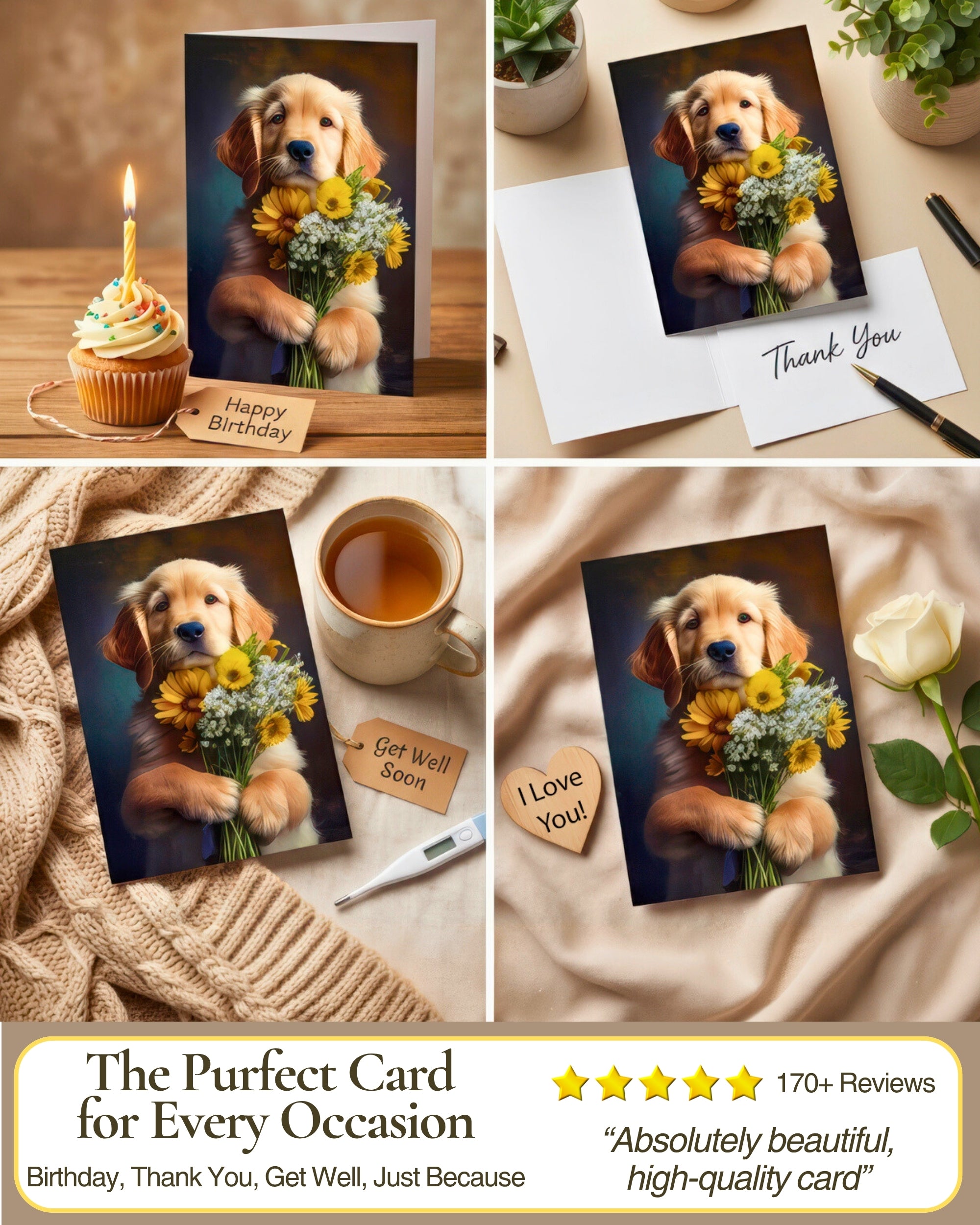 Golden Retriever with Flowers All Occasions Greeting Card - Dog with Flowers from Unique Dogs Party Delights Collection - Large 5x7 Inch - Blank Inside with White Envelope