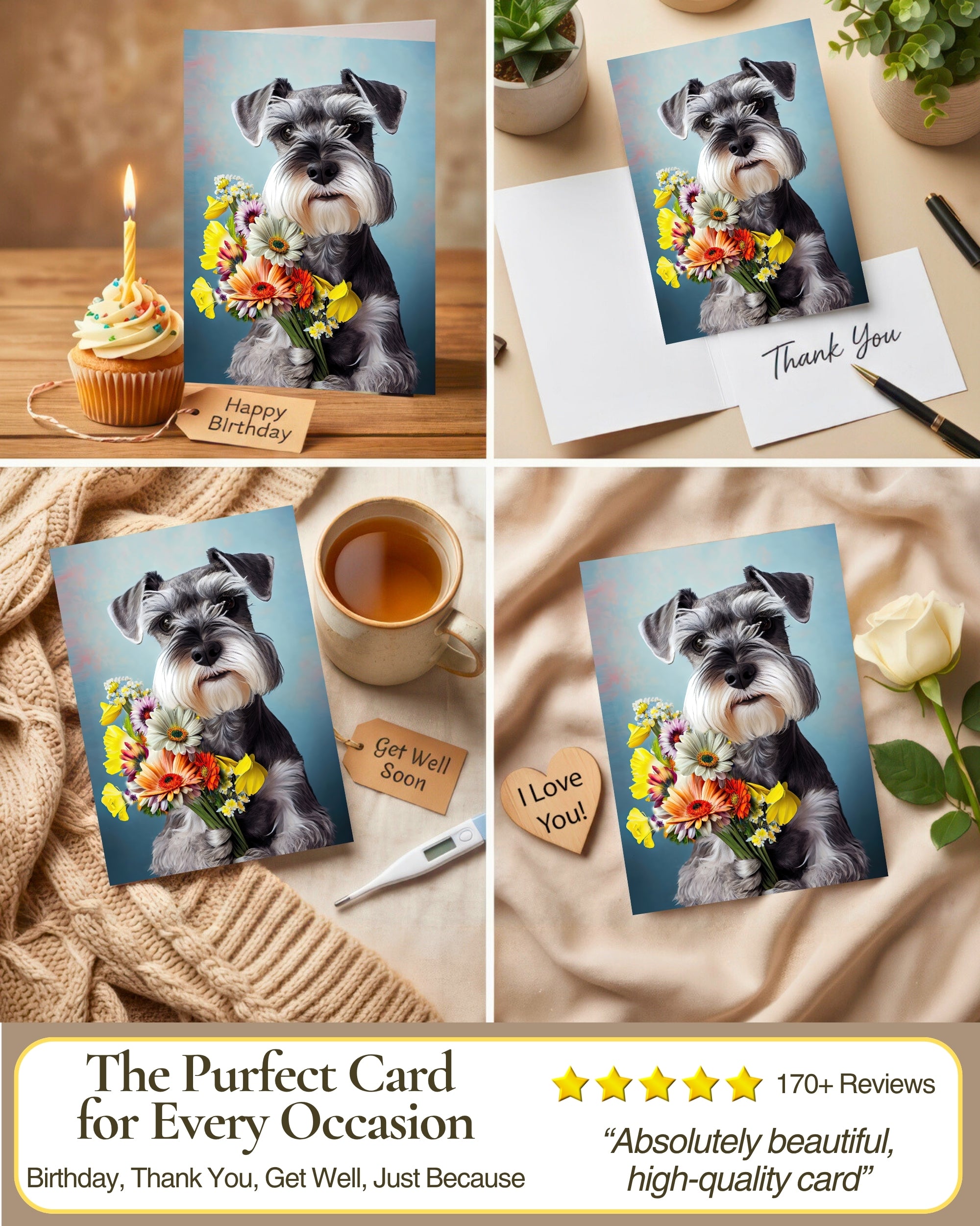 Schnauzer with Flowers All Occasions Greeting Card from Unique Dogs Party Delights Collection Large 5x7 Inch Blank Inside with Envelope