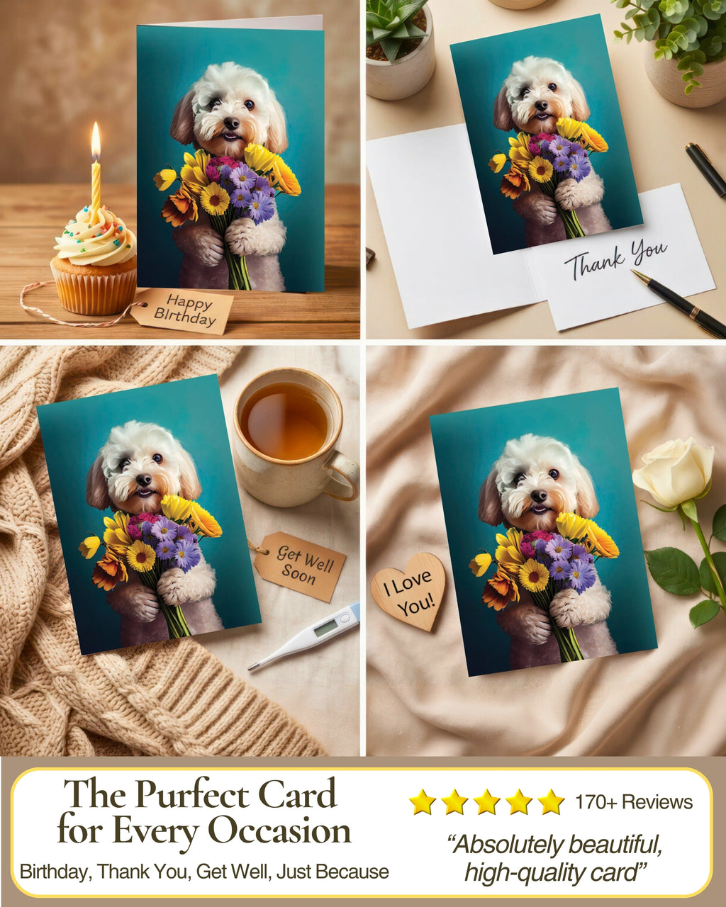 White Poodle with Flowers All Occasions Greeting Card from Unique Dogs Party Delights Collection Large 5x7 Inch Blank Inside with White Envelope