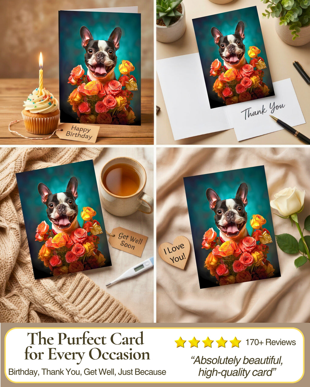 Boston Terrier with Flowers All Occasions Greeting Card from Unique Dog Party Delights Collection Large 5x7 Inch Blank Inside with White Envelope