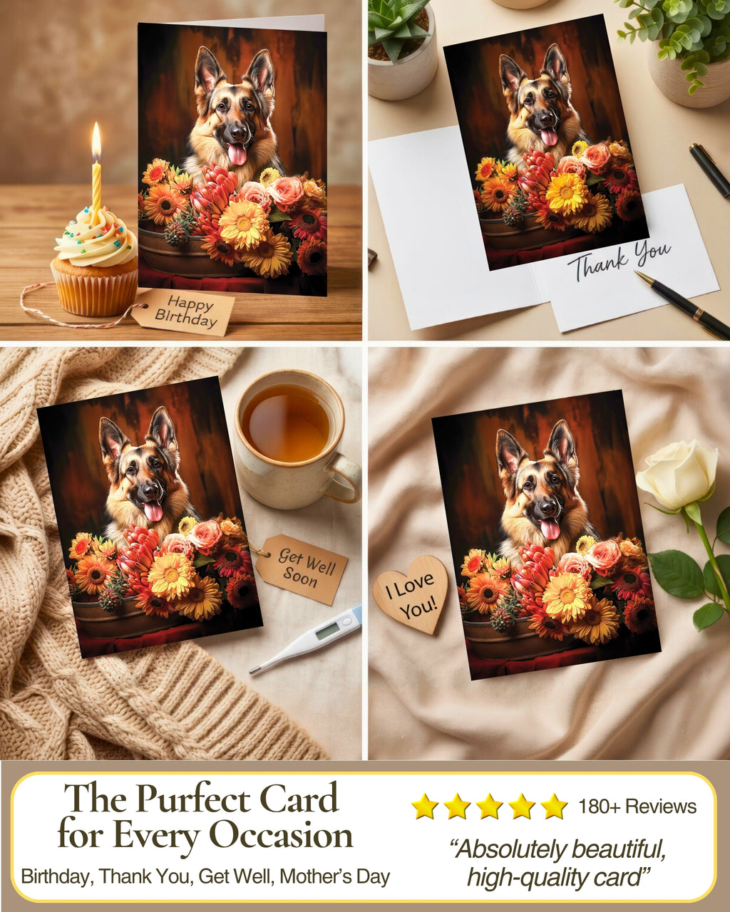 German Shepherd with Flowers All Occasions Greeting Card from Unique Dogs Party Delights Collection Large 5x7 Inch Blank Inside with White Envelope