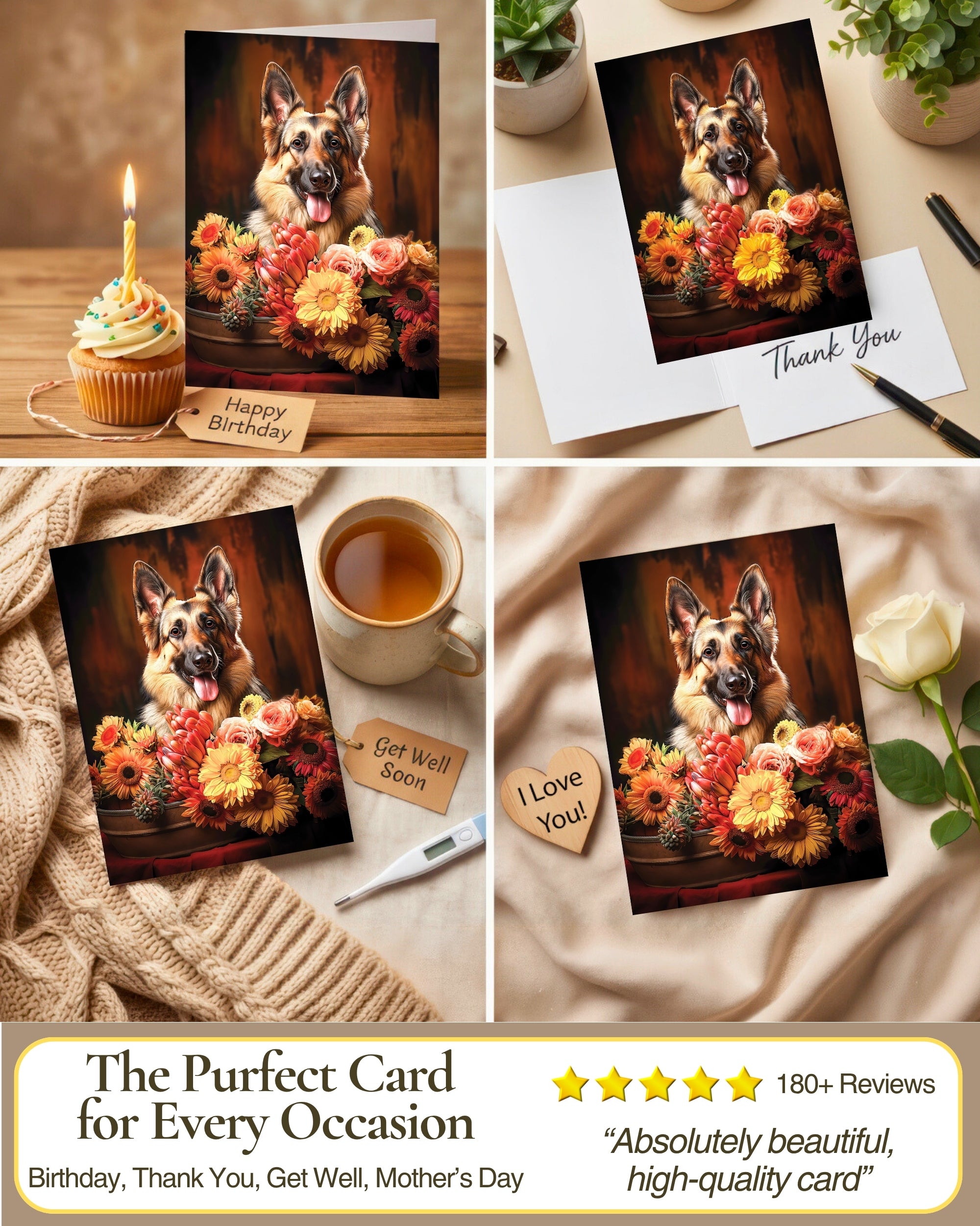 German Shepherd with Flowers All Occasions Greeting Card from Unique Dogs Party Delights Collection Large 5x7 Inch Blank Inside with White Envelope