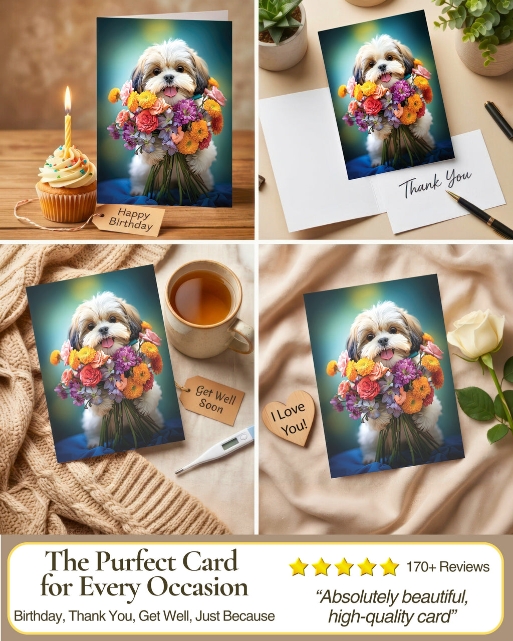 Shih Tzu with Flower All Occasions Greeting Card - 5x7 Inch, Collection Dogs with Flowers, Premium Cardstock, Blank Inside, White A7 Envelope, Eco-Friendly