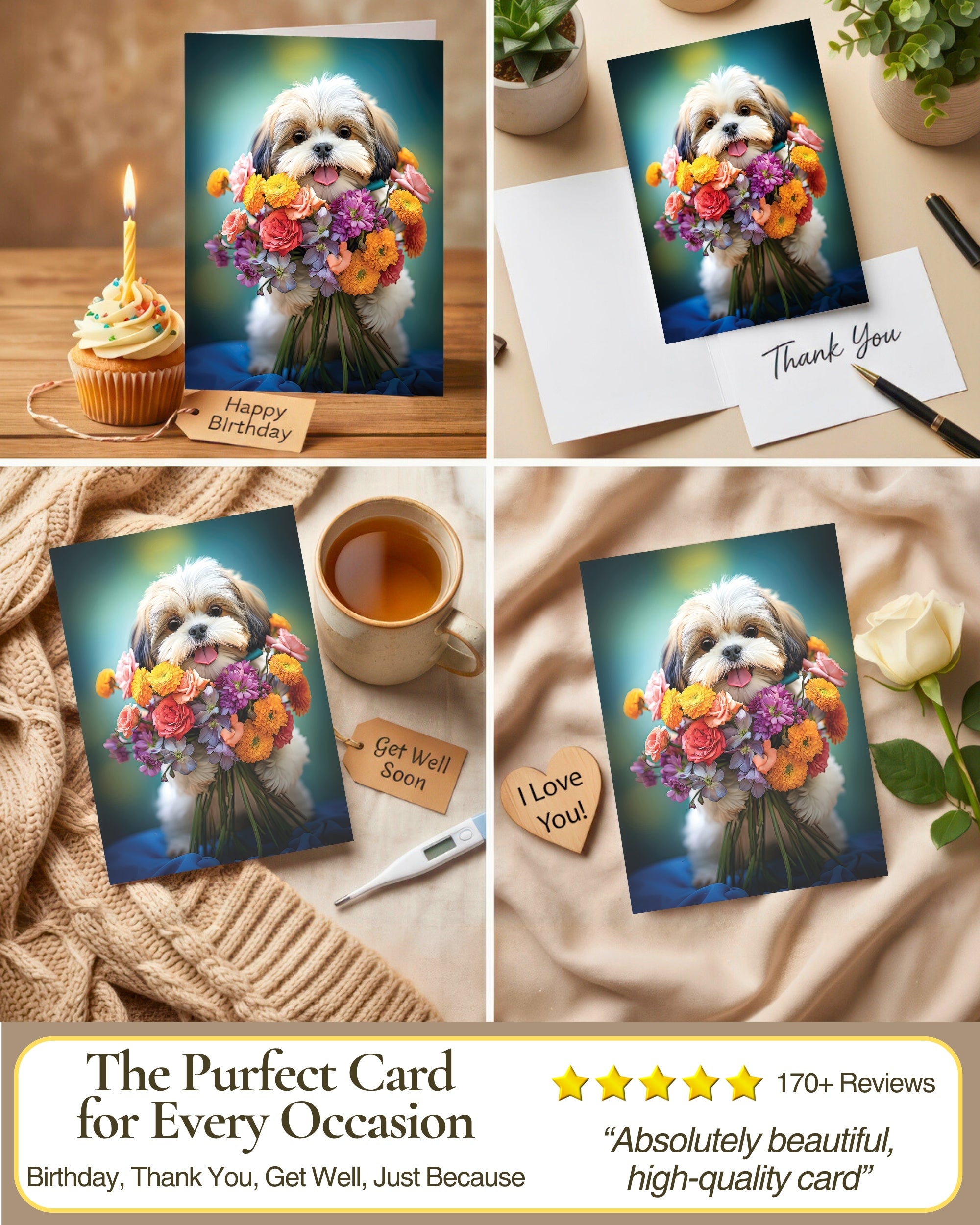 Shih Tzu with Flower All Occasions Greeting Card - 5x7 Inch, Collection Dogs with Flowers, Premium Cardstock, Blank Inside, White A7 Envelope, Eco-Friendly