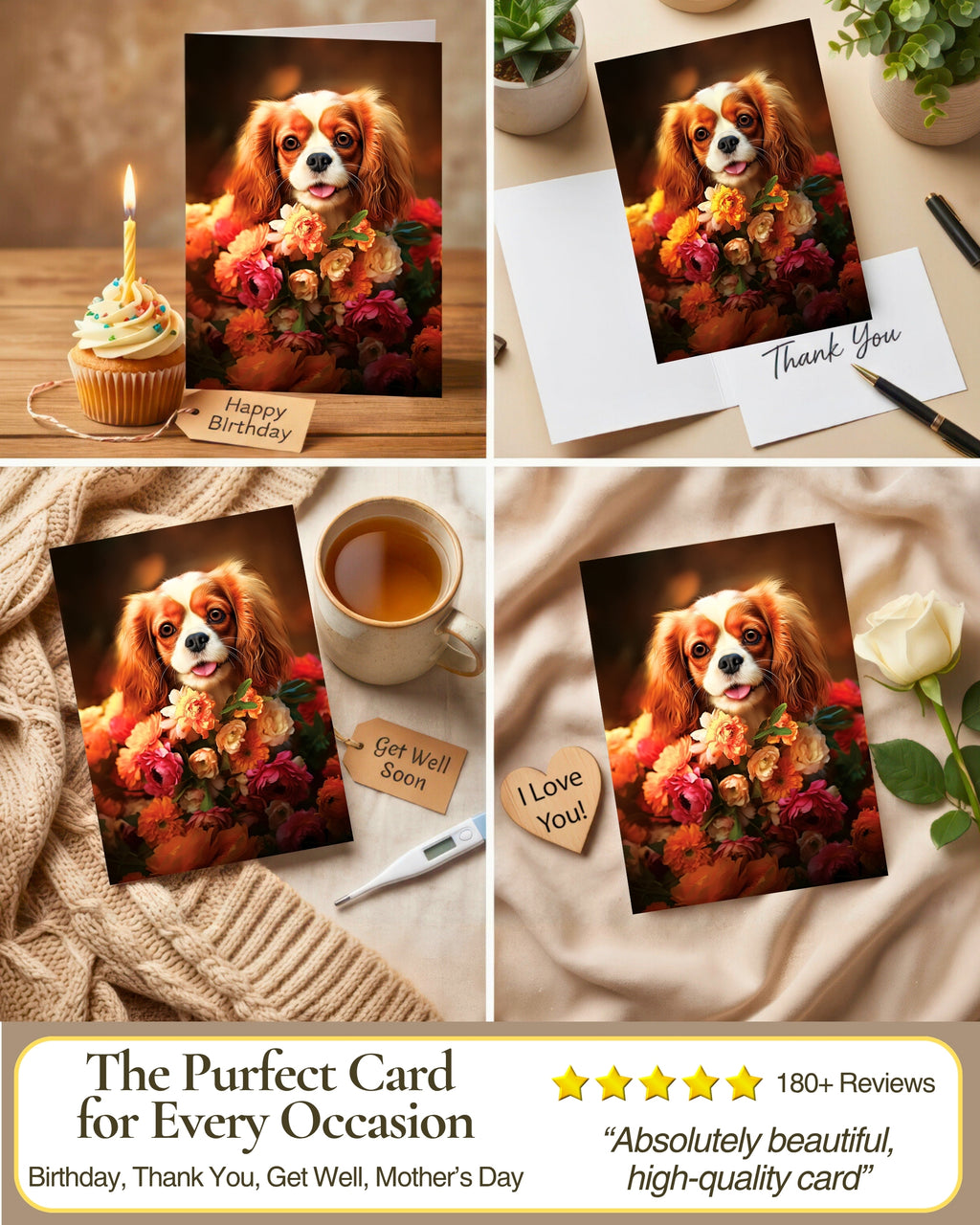 Cavalier King Charles Spaniel with Flowers All Occasions Greeting Card - Dog with Flowers from Unique Dogs Party Delights Collection - Large 5x7 Inch - Blank Inside with A7 Invitation Style White