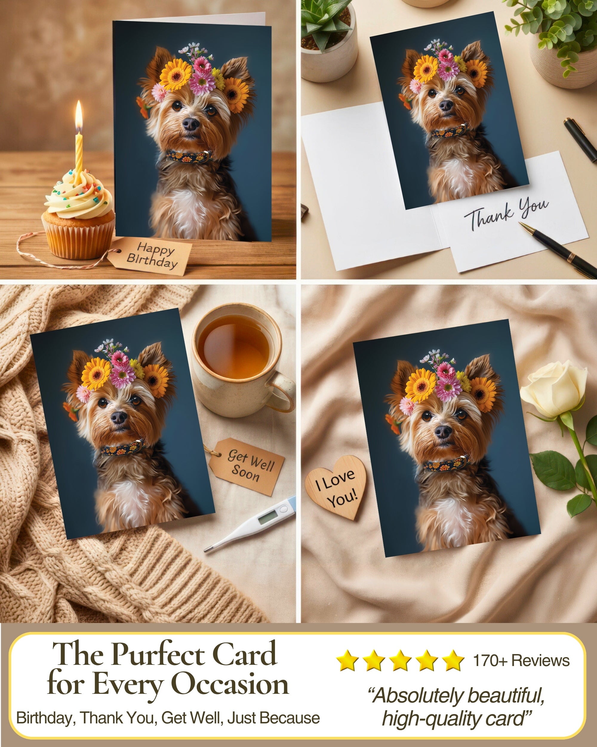Yorkshire Terrier with Flower Crown All Occasions Greeting Card from Unique Dogs Party Delights Collection Large 5x7 Inch Blank Inside with Envelope