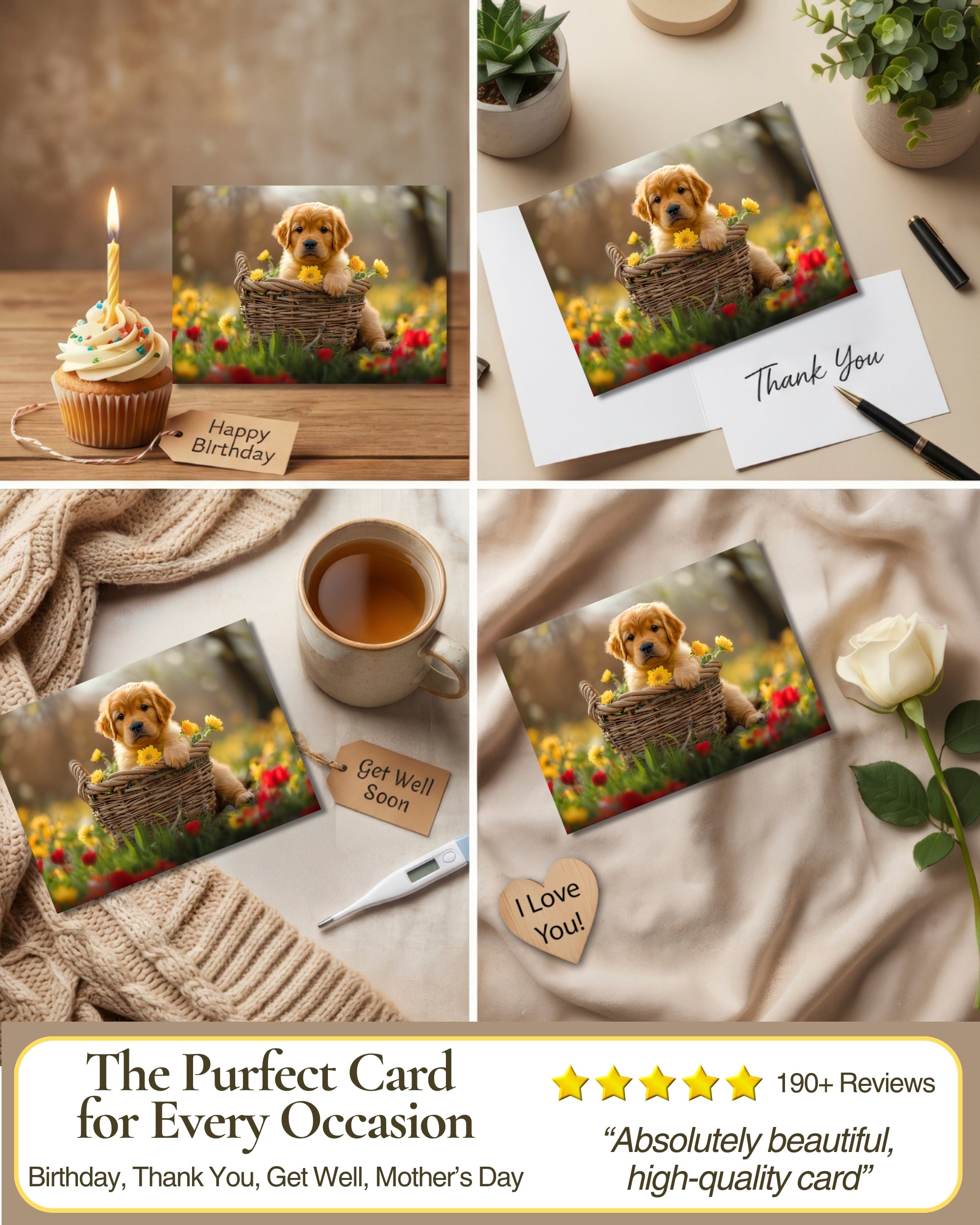 Golden Retriever Puppy All Occasions Greeting Card - Dog with Flowers from Unique Dogs Party Delights Collection - Large 5x7 Inch - Blank Inside with White Envelope