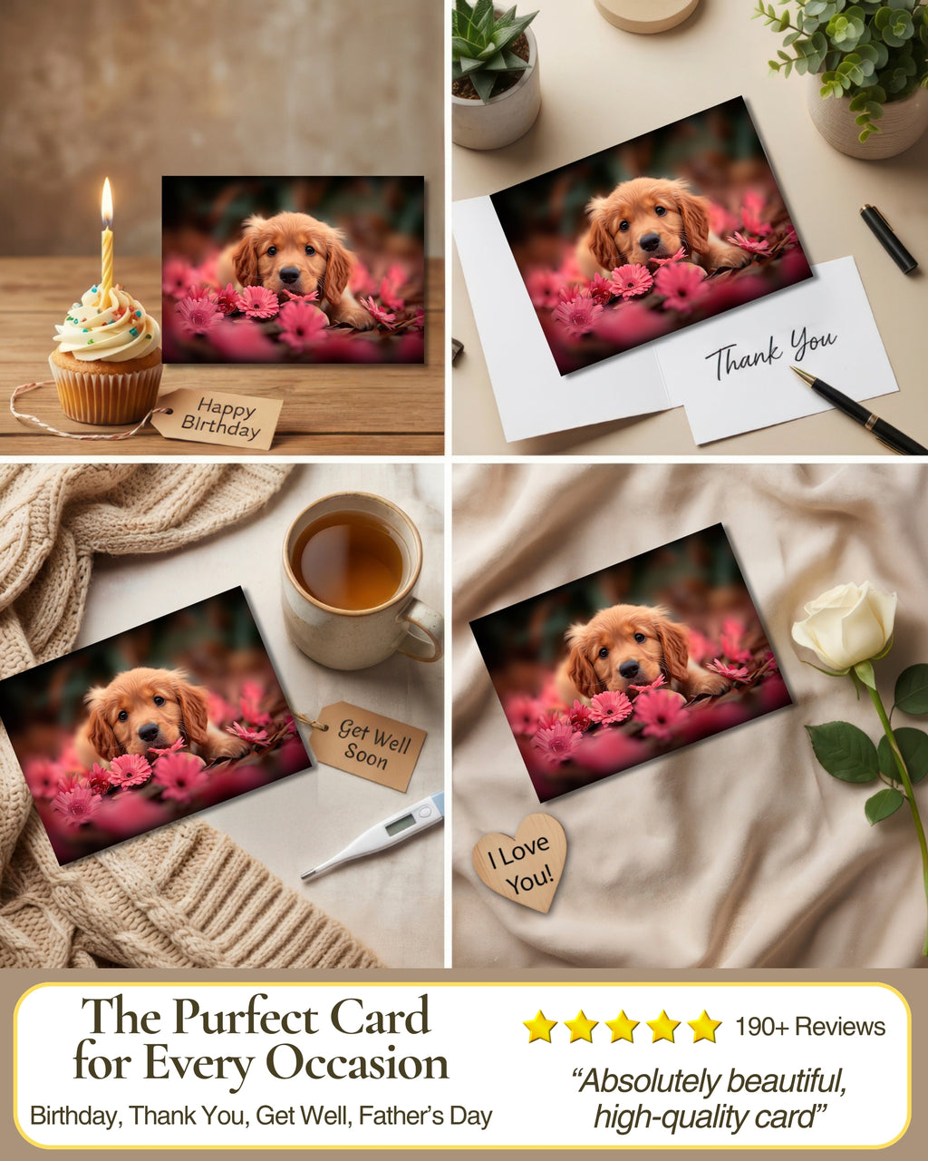 Golden Retriever Puppy with Pink Flowers All Occasions Greeting Card from Unique Dogs Party Delights Collection Large 5x7 Inch Blank Inside with Envelope