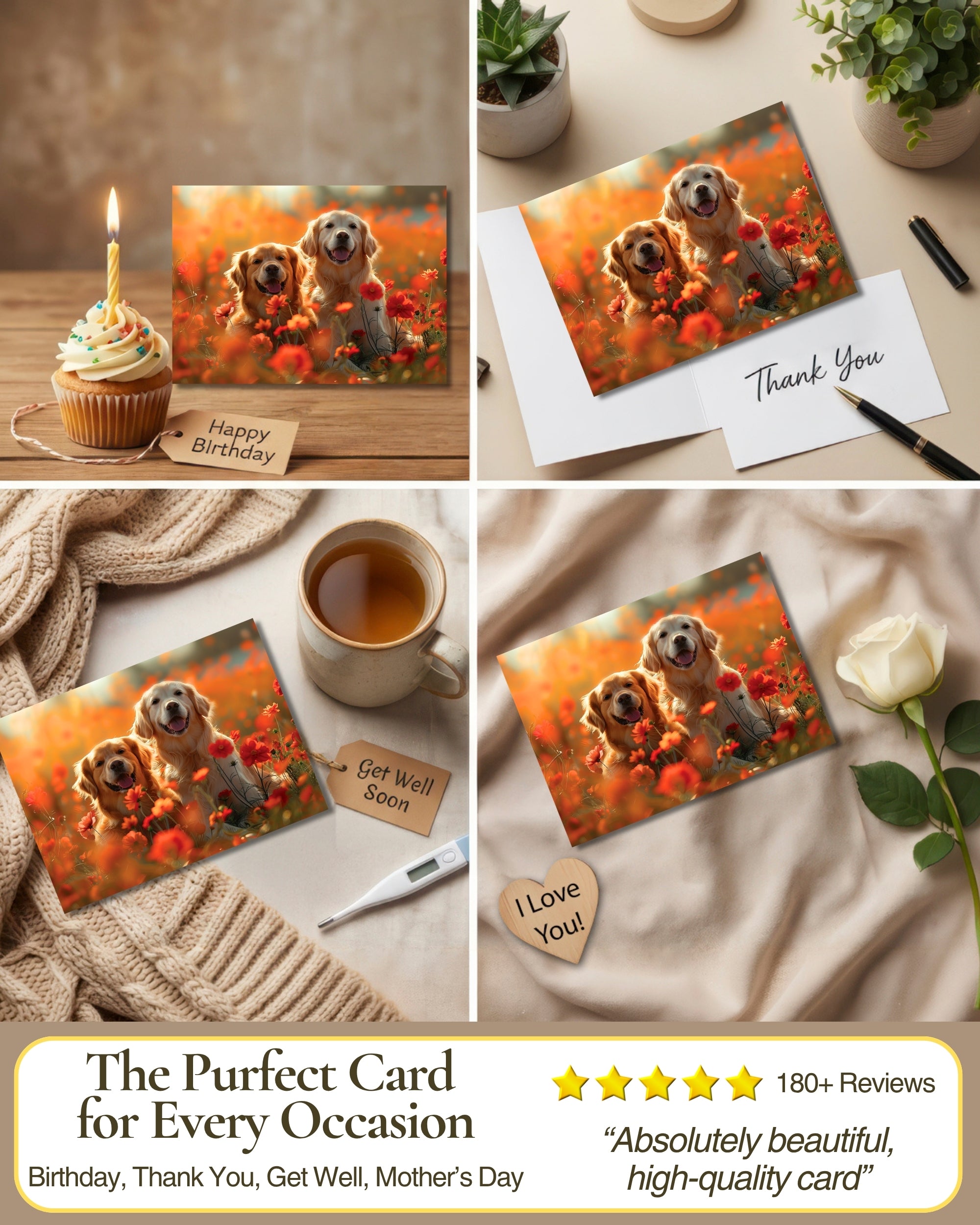 Golden Retrievers in Flower Garden All Occasions Greeting Card from Unique Dogs Party Delights Collection Large 5x7 Inch Blank Inside with Envelope