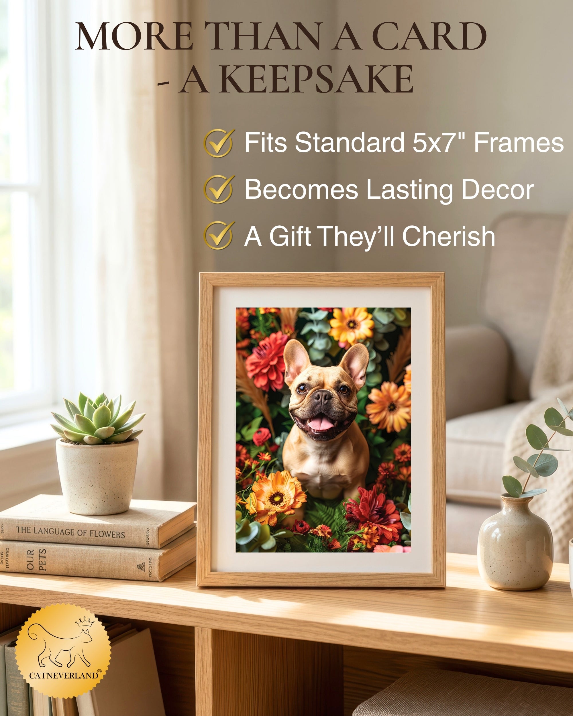 French Bulldog with Flowers All Occasions Greeting Card - Dog with Flowers from Unique Dogs Party Delights Collection - Large 5x7 Inch - Blank Inside with White Envelope