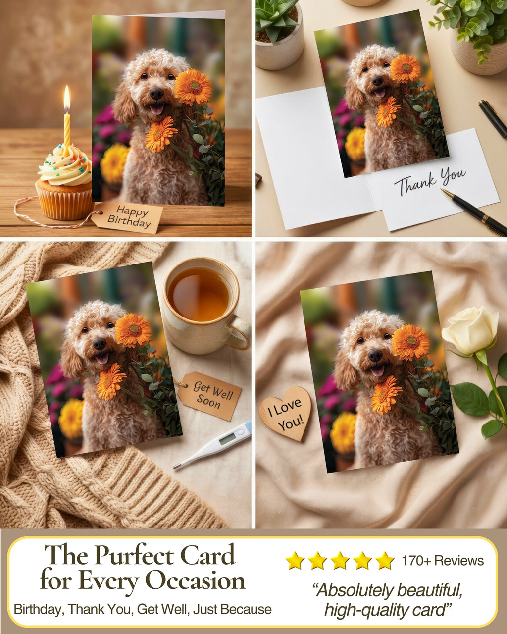 Goldendoodle with Orange Flowers All Occasions Greeting Card from Unique Dogs Party Delights Collection Large 5x7 Inch Blank Inside with Envelope