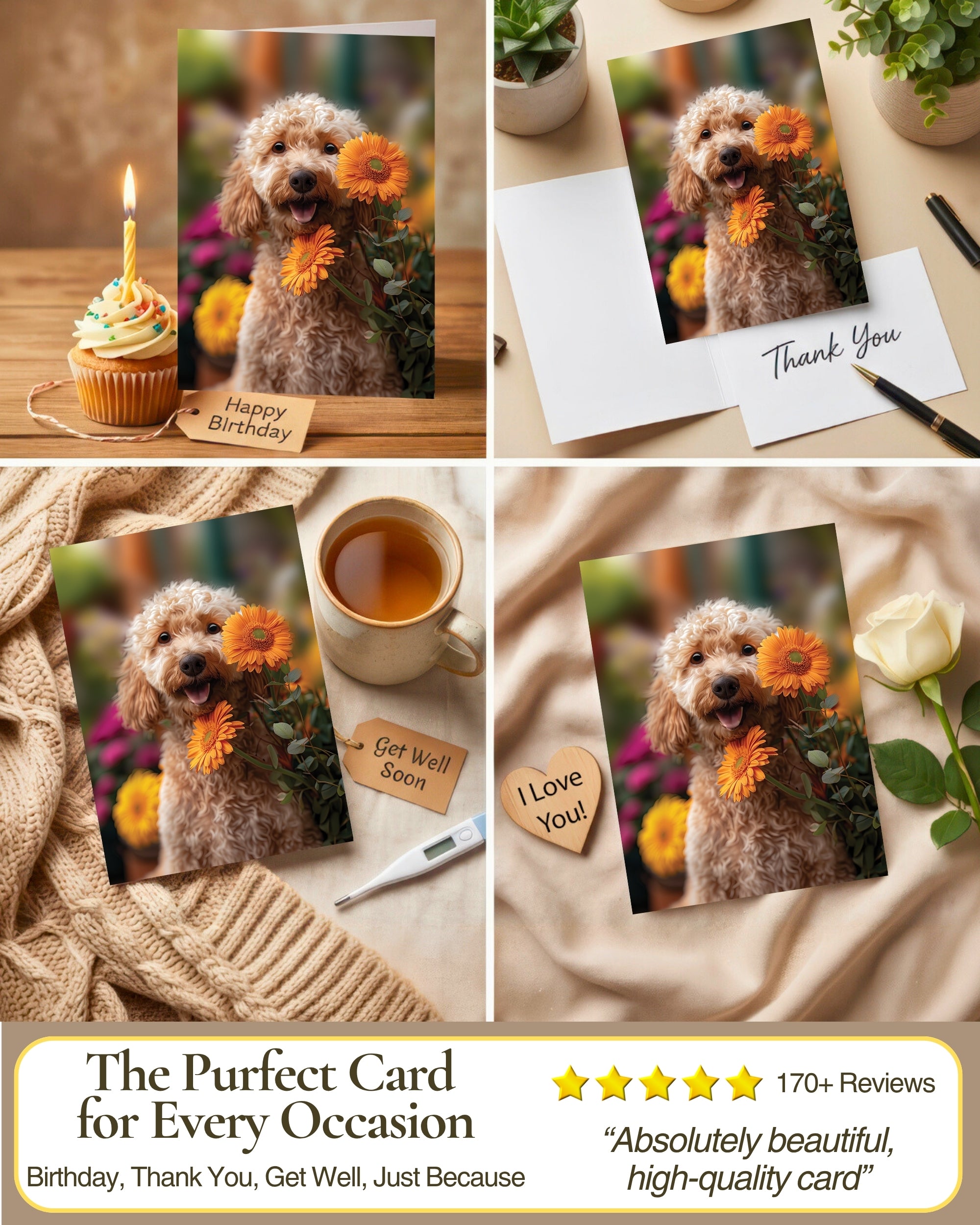 Goldendoodle with Orange Flowers All Occasions Greeting Card from Unique Dogs Party Delights Collection Large 5x7 Inch Blank Inside with Envelope