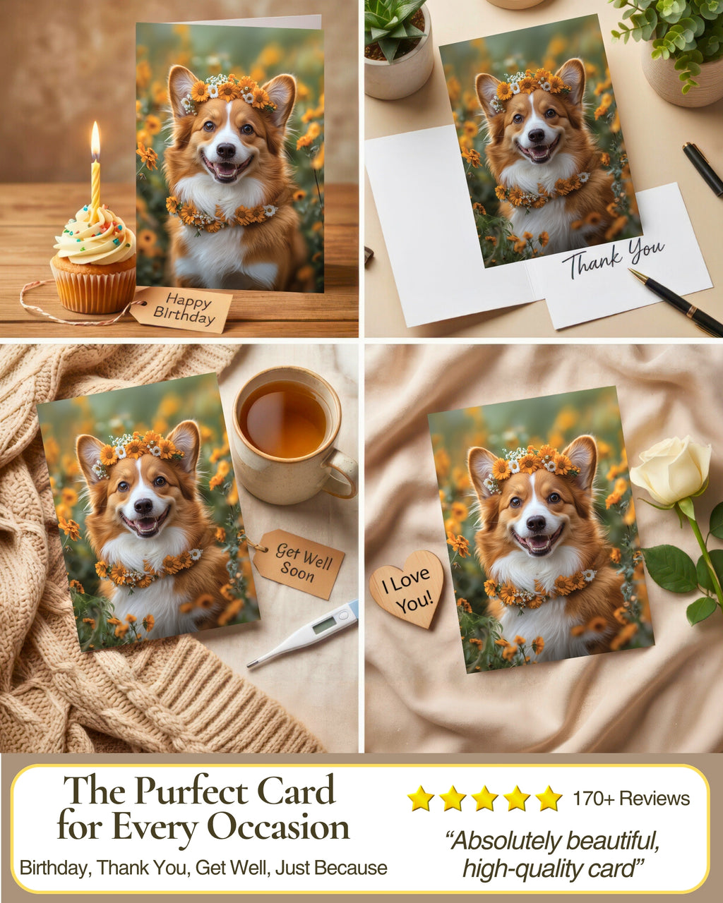 Charming Corgi with Flowers Greeting Card - Blank Inside for Personalized Messages, Premium Cardstock, Invitation Style White Envelope, Unique Artwork, Made by Small Business in USA