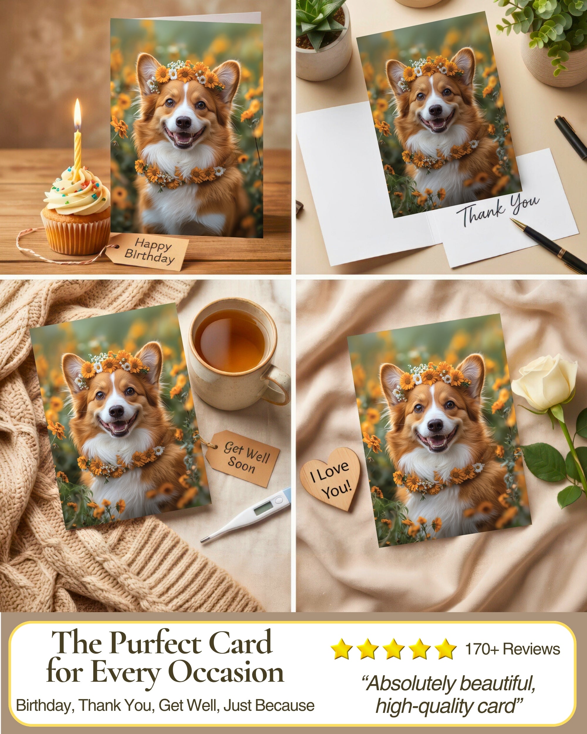 Charming Corgi with Flowers Greeting Card - Blank Inside for Personalized Messages, Premium Cardstock, Invitation Style White Envelope, Unique Artwork, Made by Small Business in USA
