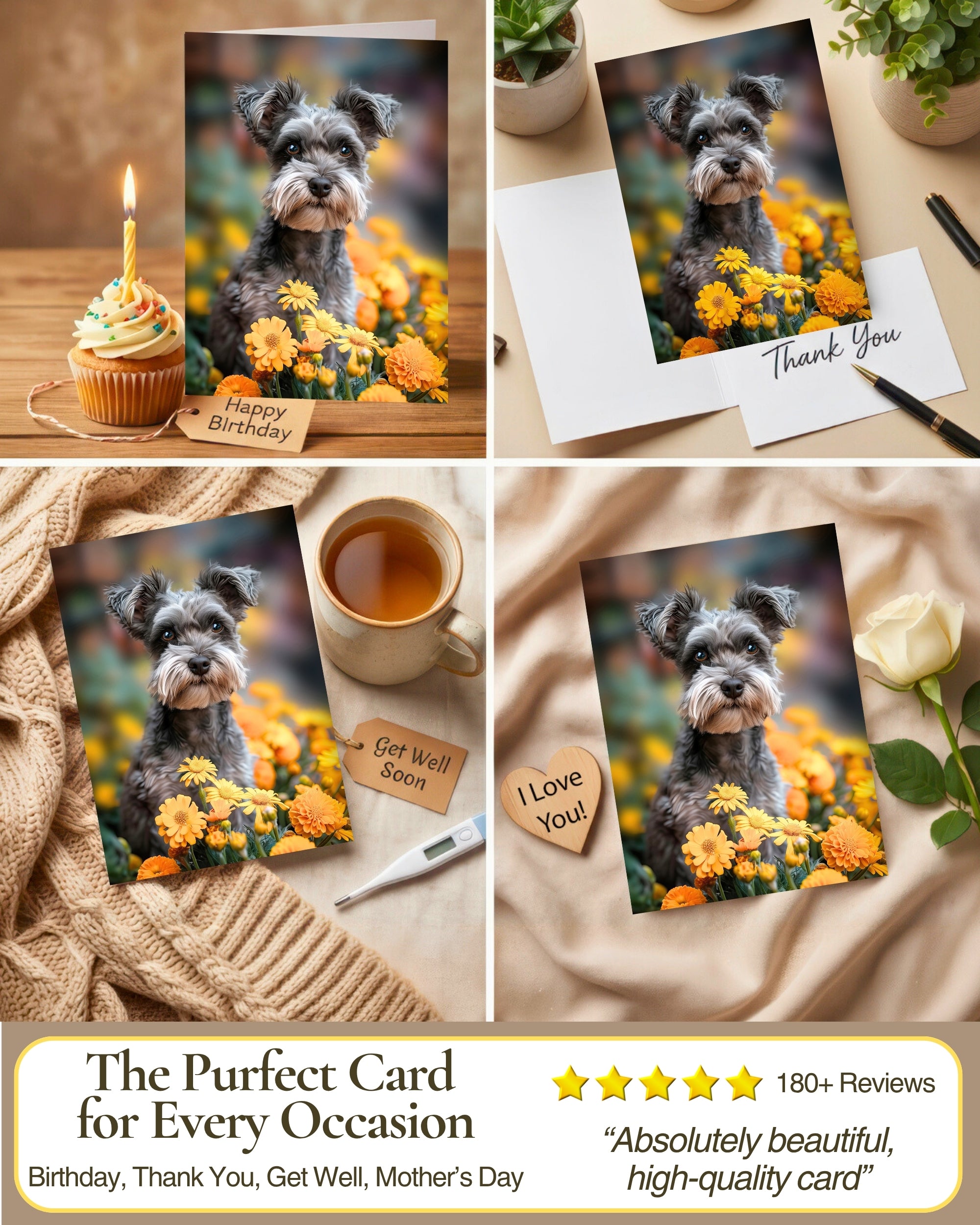 Schnauzer with Yellow Flowers All Occasions Greeting Card from Unique Dogs Party Delights Collection Large 5x7 Inch Blank Inside with Envelope