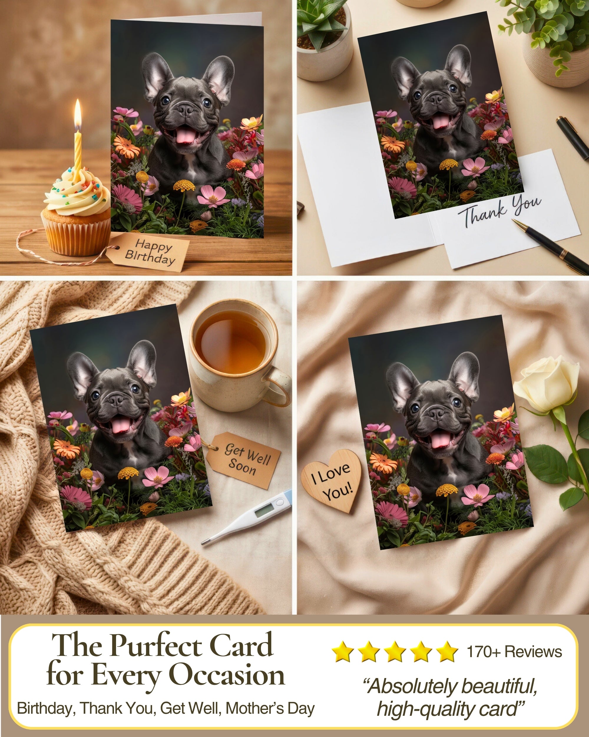 French Bulldog Puppy with Flowers All Occasions Greeting Card - Dog with Flowers from Unique Dogs Party Delights Collection - Large 5x7 Inch - Blank Inside with Invitation Style White Envelope