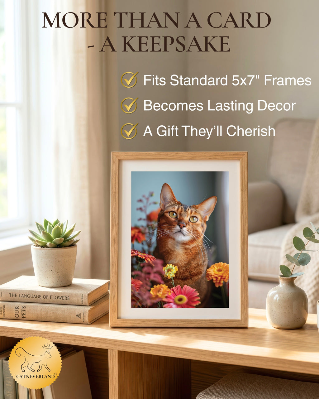 Abyssinian Cat Greeting Card 5x7 Inch, Any Occasion from Cats with Flowers Collection Premium Cardstock Blank Inside White Envelope Included Great Gift for Cat Lovers