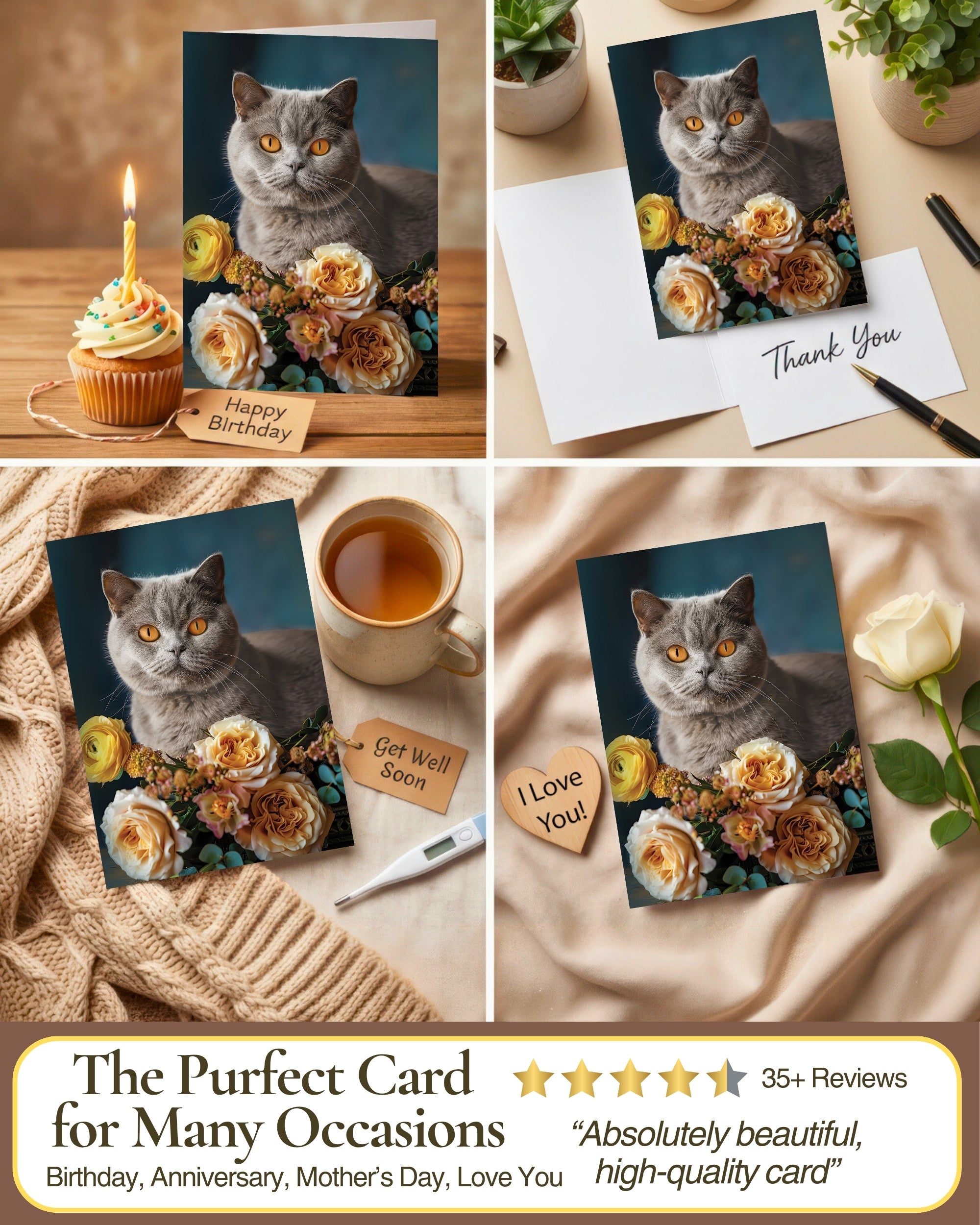 British Shorthair Cat Greeting Card 5x7 Inch Any Occasion Cats with Flowers Collection Premium Cardstock Blank Inside White Envelope Included Great Gift for Cat Lovers